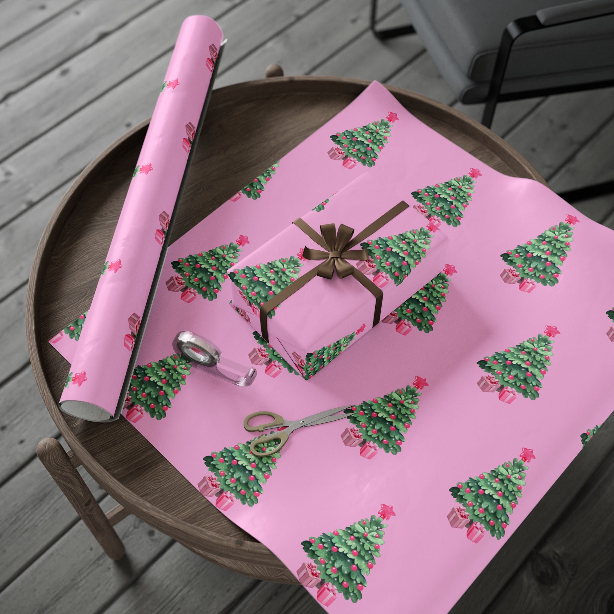 Charming Pink Holiday Tree Wrapping Paper