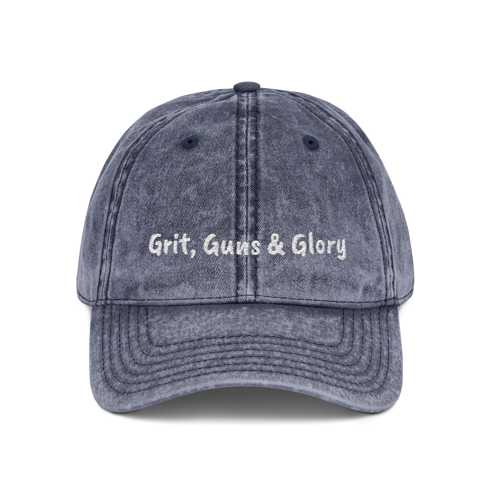 Vintage Embroidered Cap — "Grit, Guns & Glory" Distressed Baseball Hat