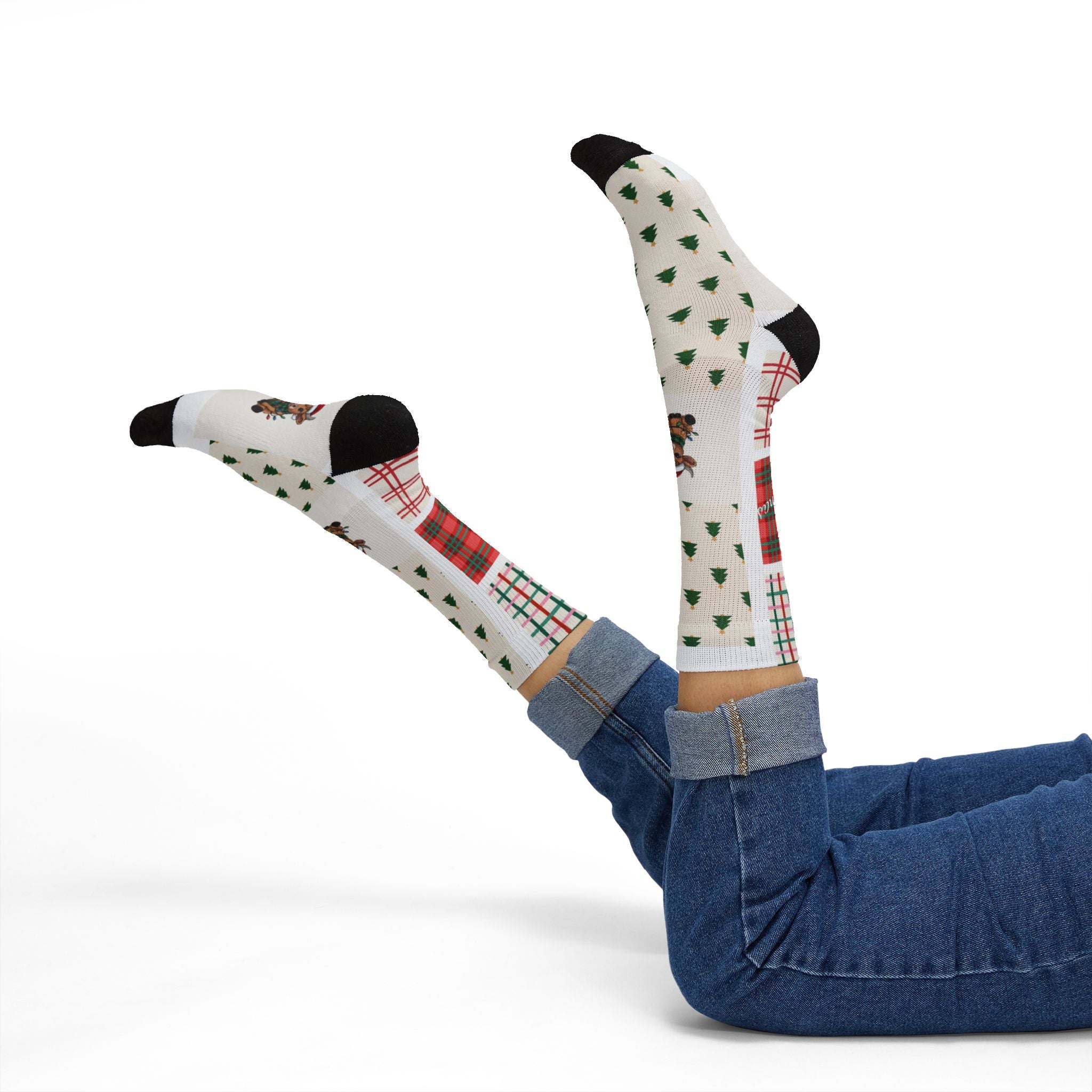 Christmas Cow Plaid Sublimation Socks — Merry Christmas Patterned Crew Socks