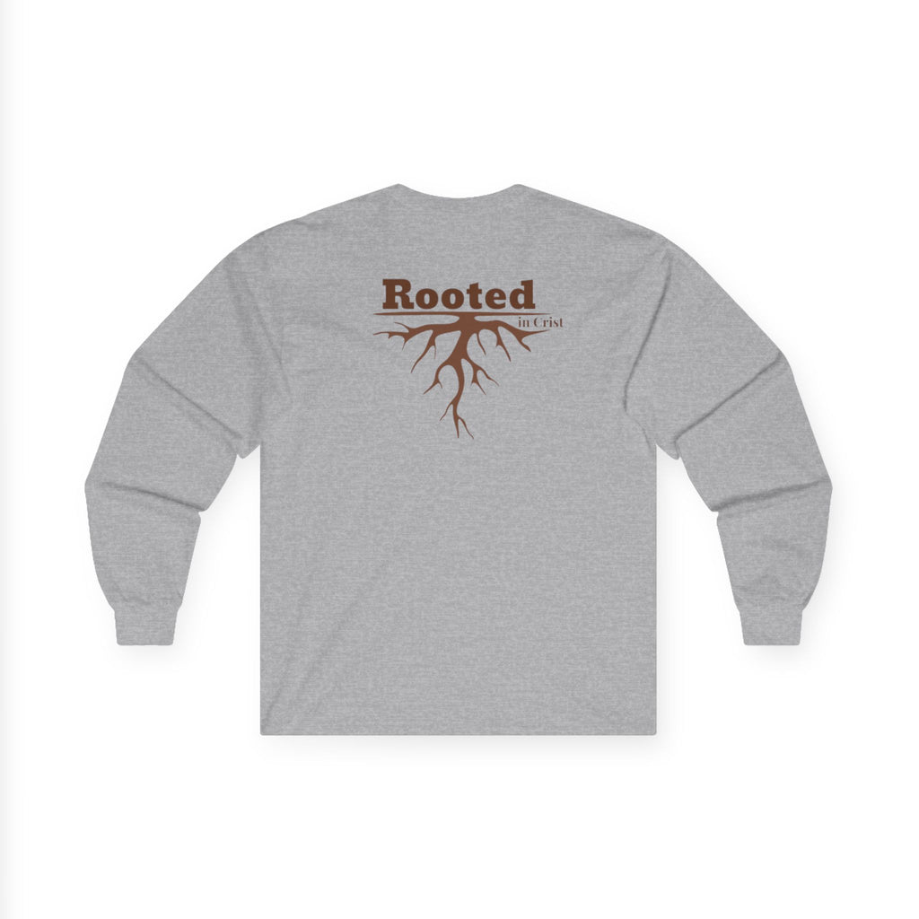 Rooted Faith Long Sleeve Tee — 'Rooted' Tree Roots Back Print with Cross Chest