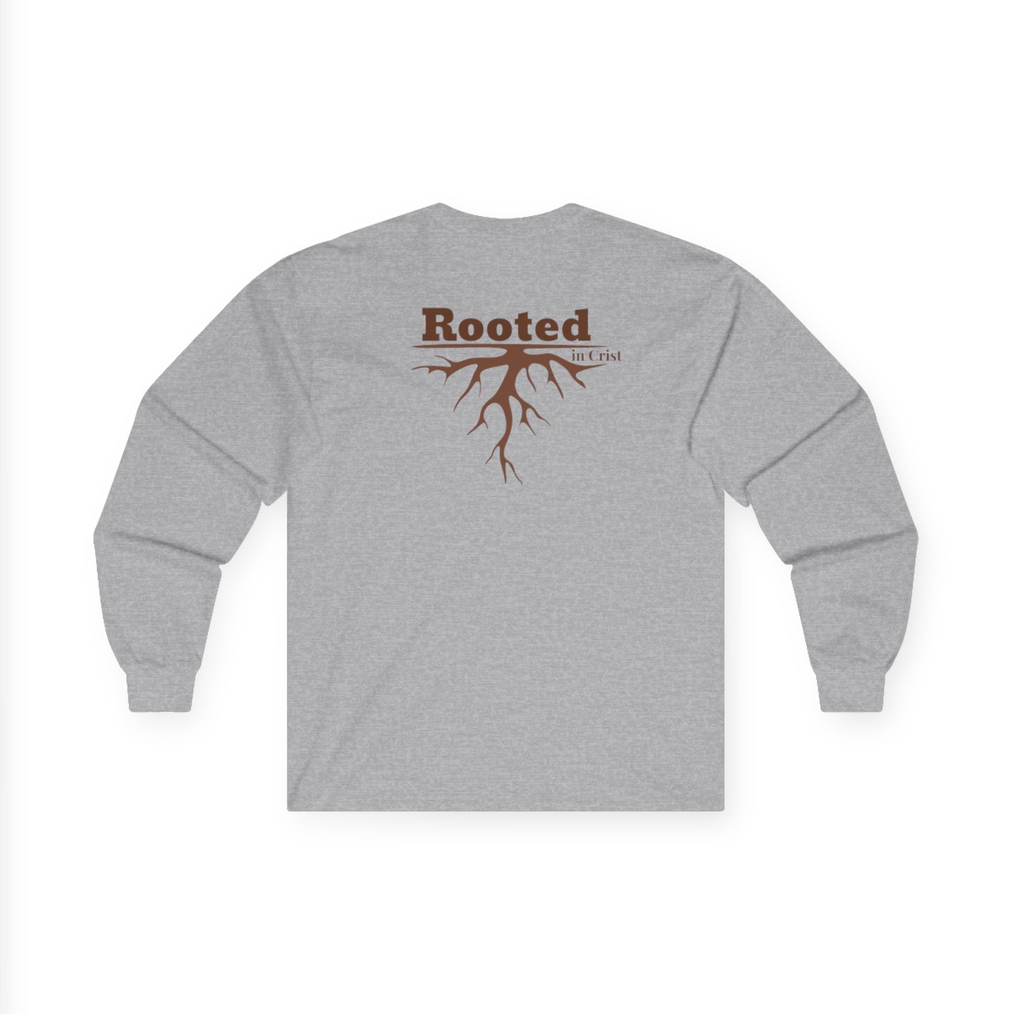 Rooted Faith Long Sleeve Tee — 'Rooted' Tree Roots Back Print with Cross Chest