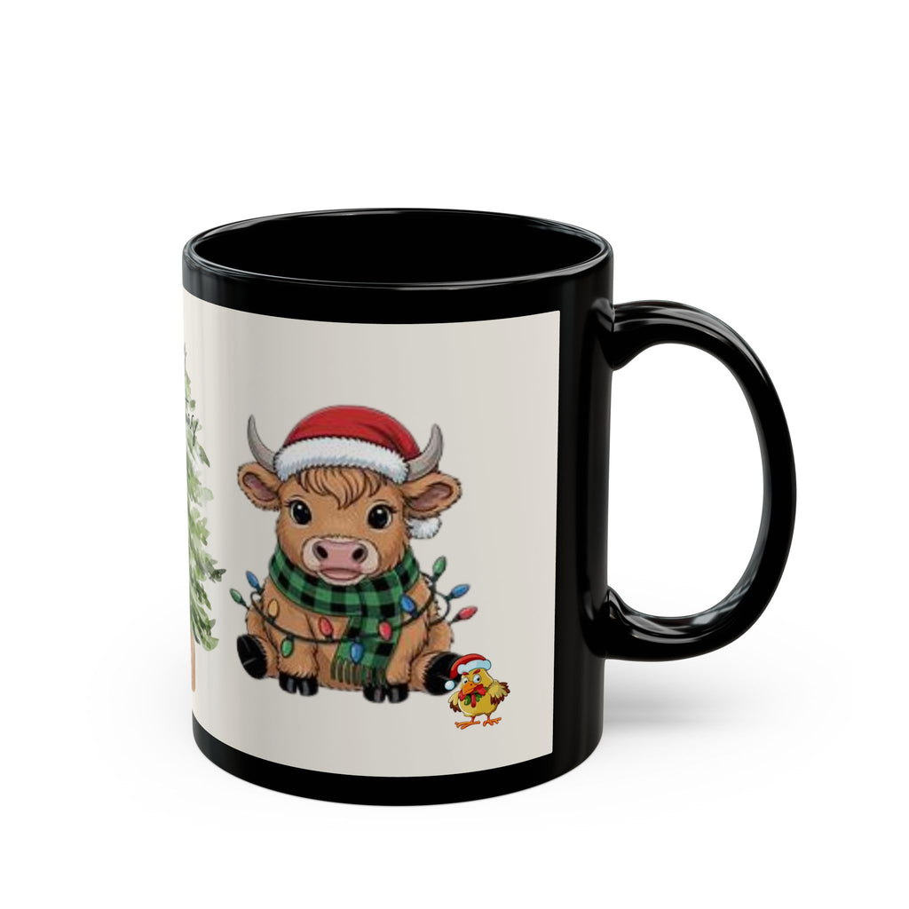 Christmas Cow Mug - Cute Holiday Tree & Santa Hat Accent Rim & Handle Coffee Cup (11oz/15oz)