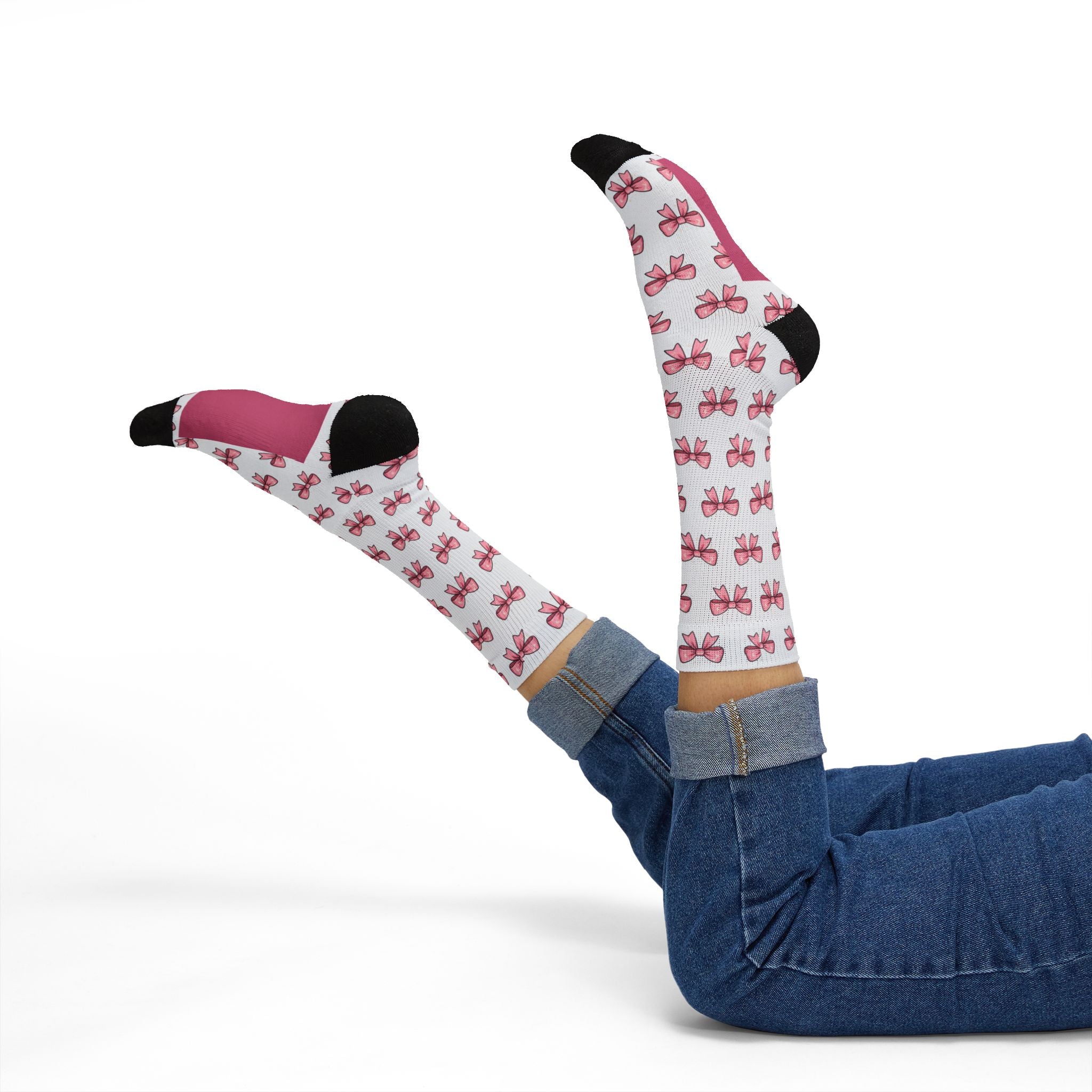 Pink Bow Pattern Sublimation Socks — Cute Ballet & Gift Crew Socks