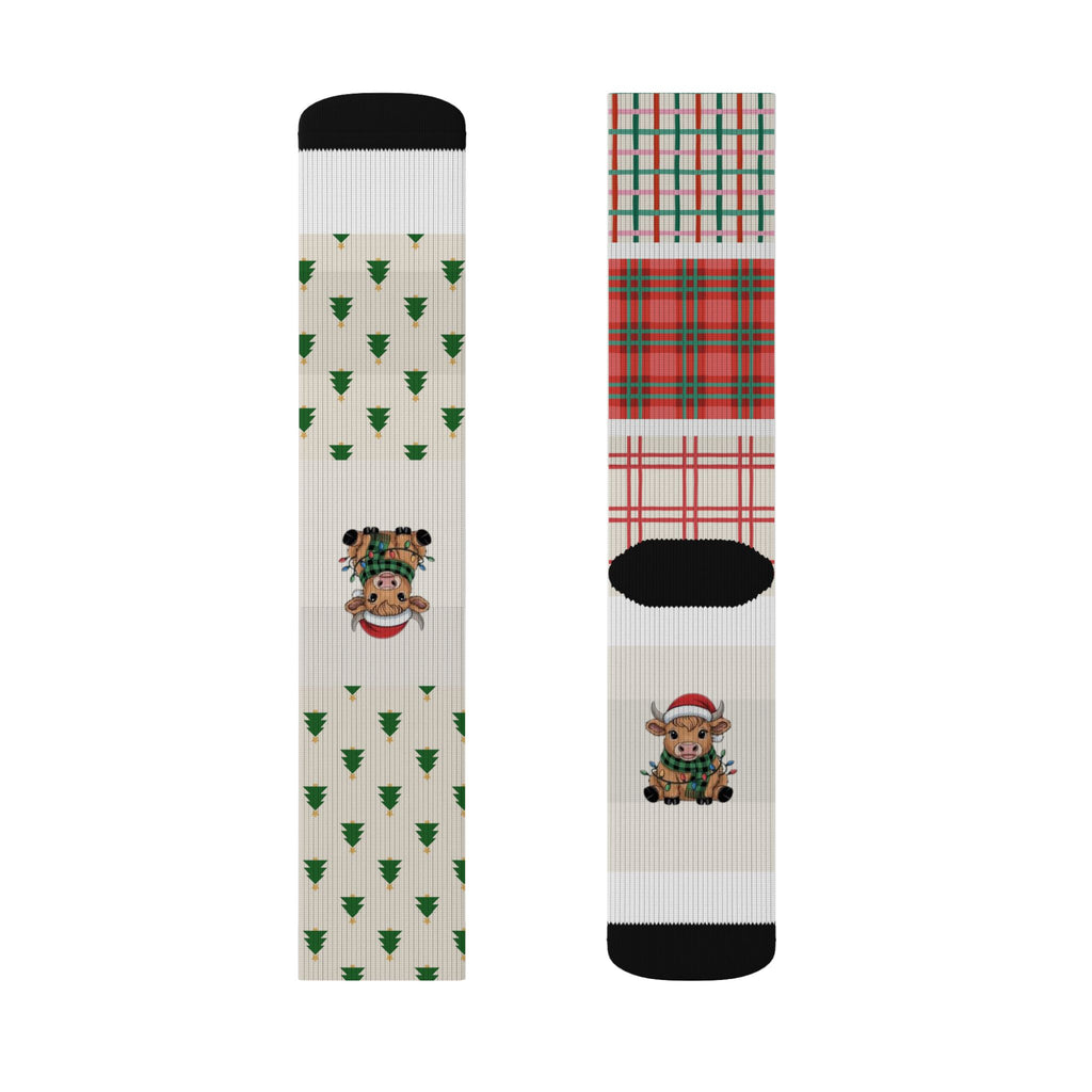 Christmas Cow Plaid Sublimation Socks — Merry Christmas Patterned Crew Socks