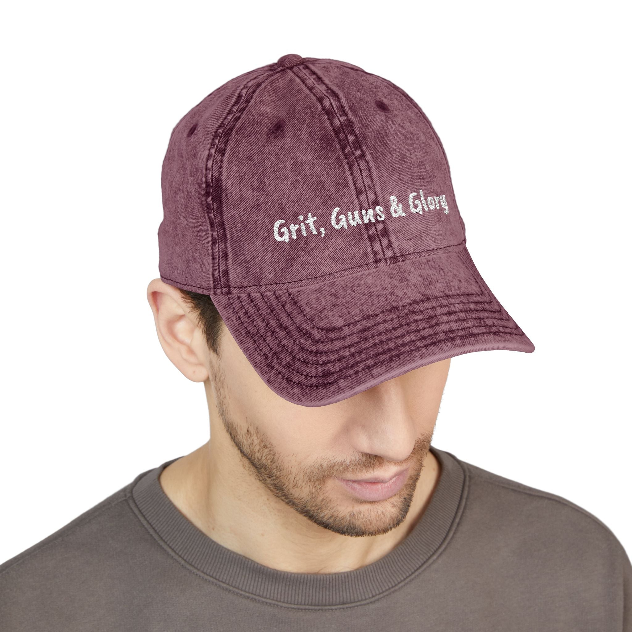 Vintage Embroidered Cap — "Grit, Guns & Glory" Distressed Baseball Hat