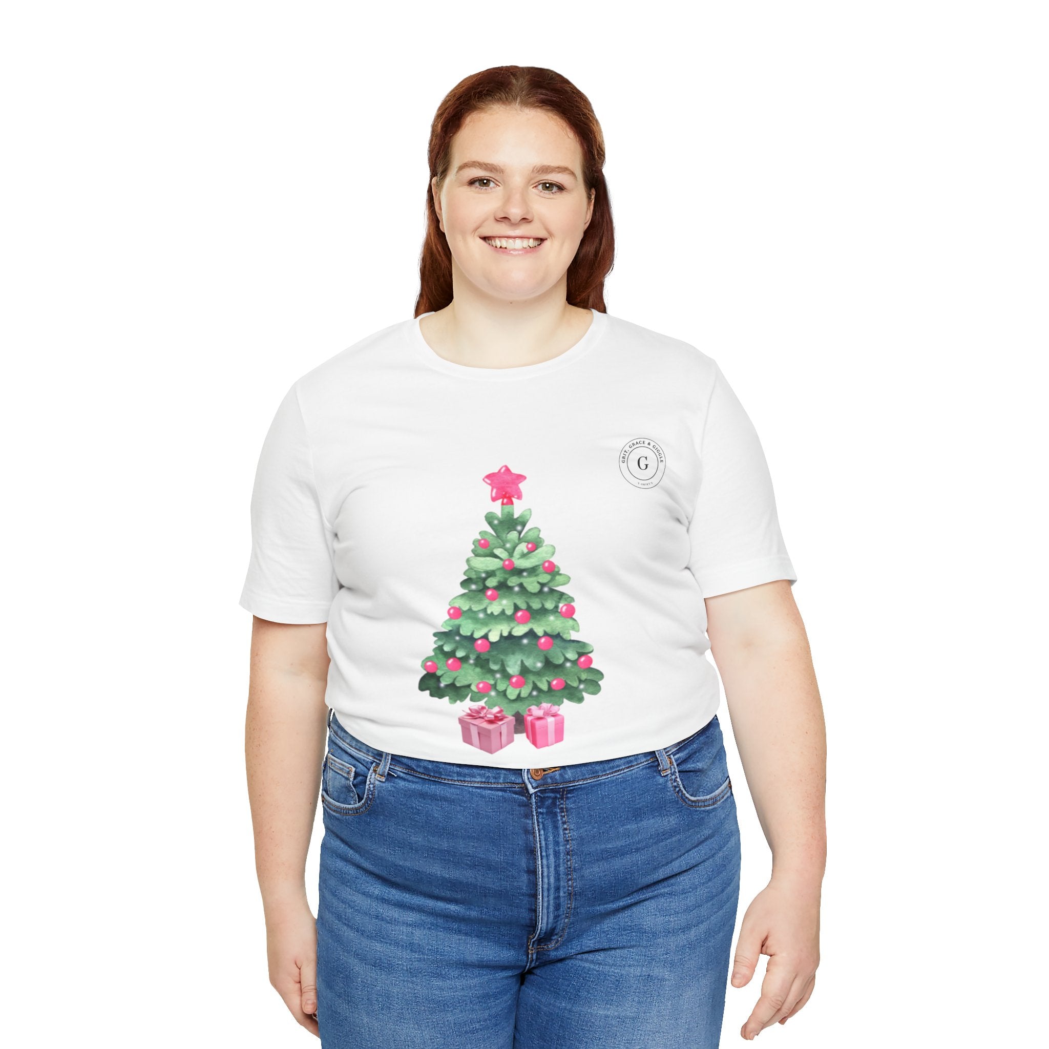 Christmas Tree Tee -  Pink & Green Holiday T-Shirt with Presents