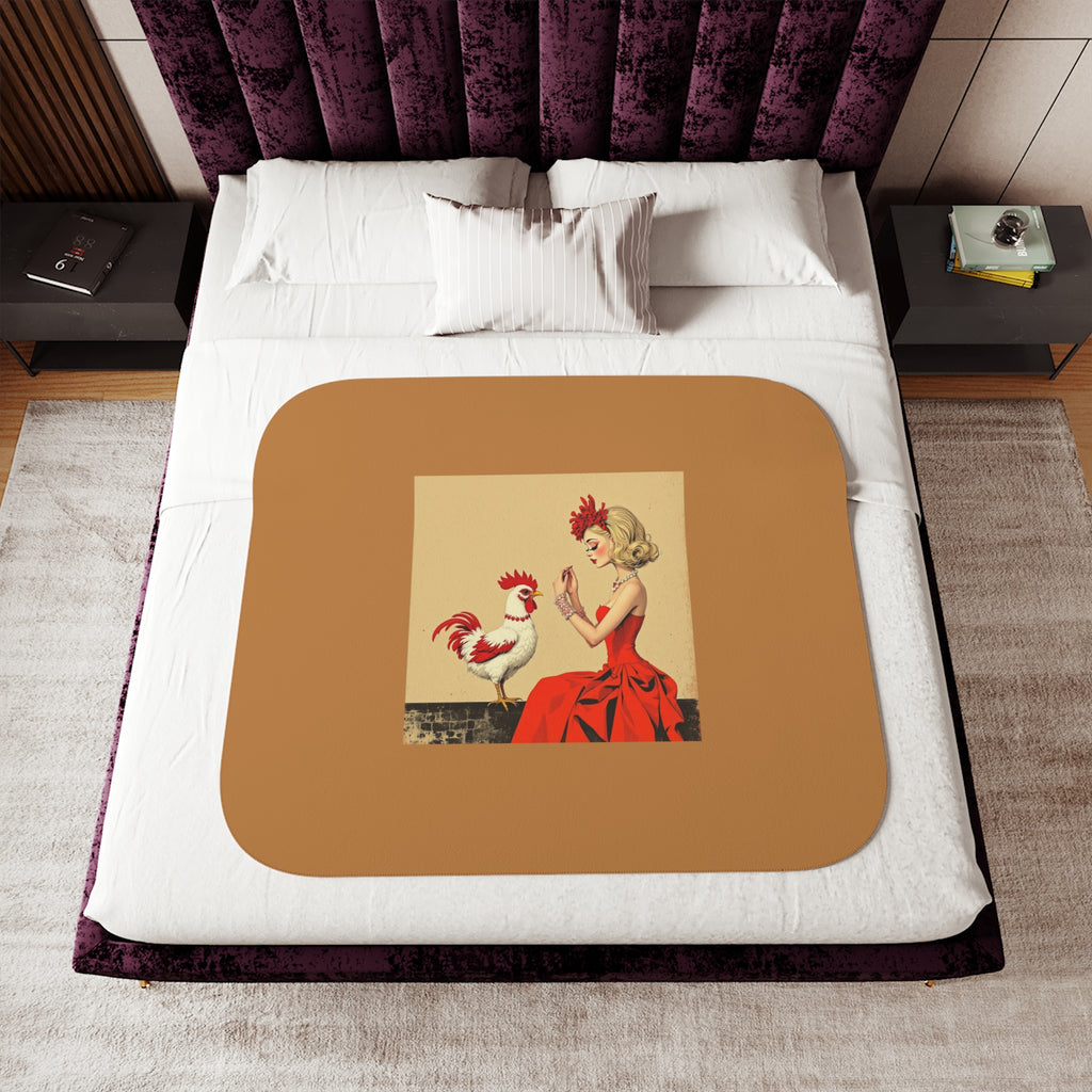 Vintage Pin-Up Rooster Sherpa Blanket — Cozy Two-Tone Throw