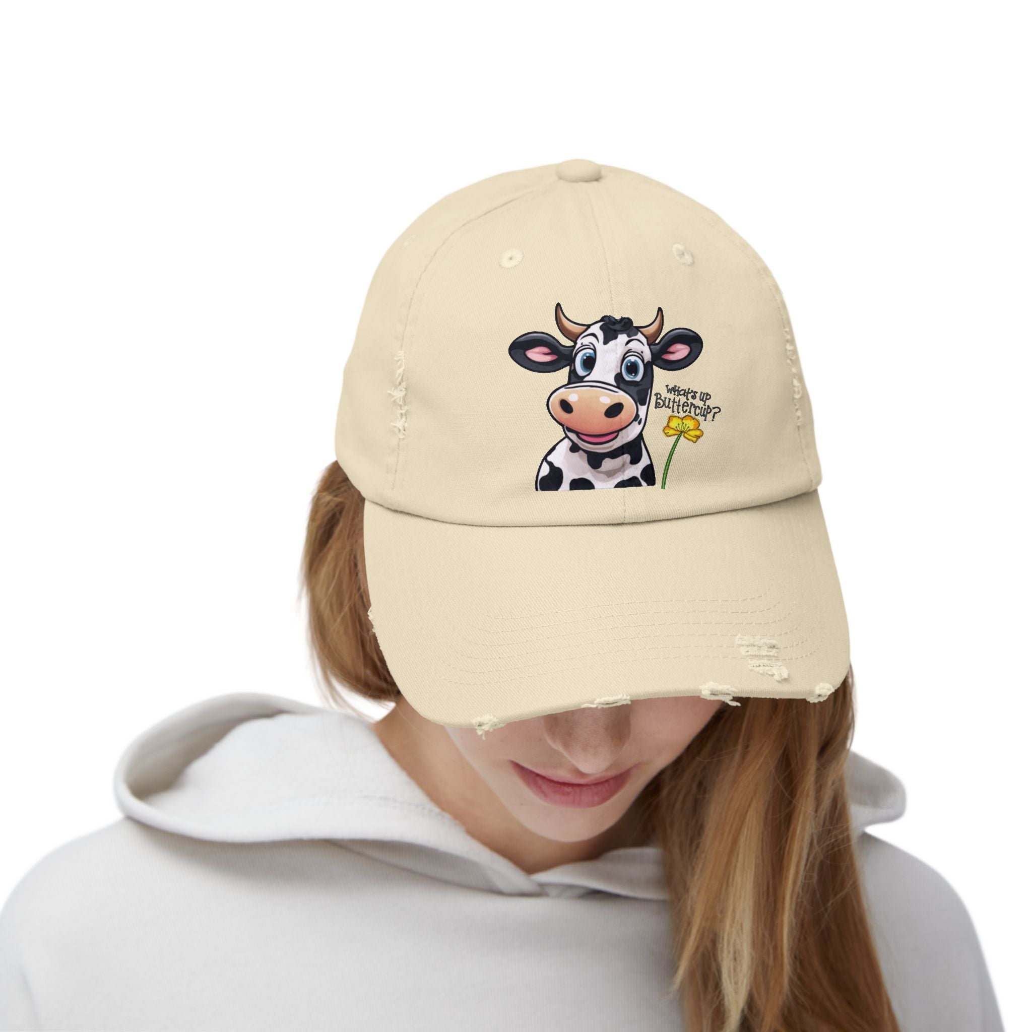 Playful Cow Distressed Cap, Fun Hat, Animal Lover Gift, Casual Wear, Summer Accessory, Gift for Cow Enthusiasts
