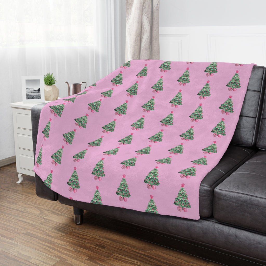 Pink - Christmas Tree Minky Blanket, Cozy Holiday Throw