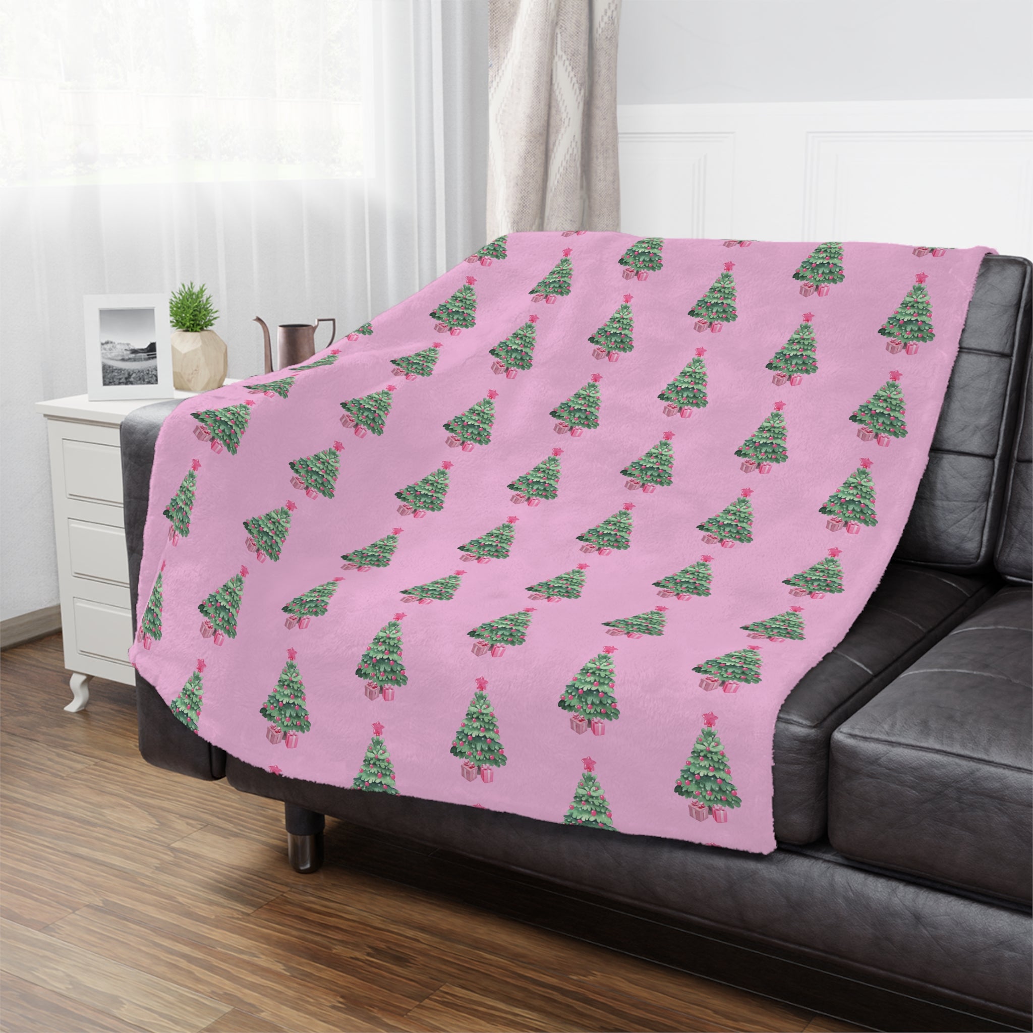 Pink - Christmas Tree Minky Blanket, Cozy Holiday Throw