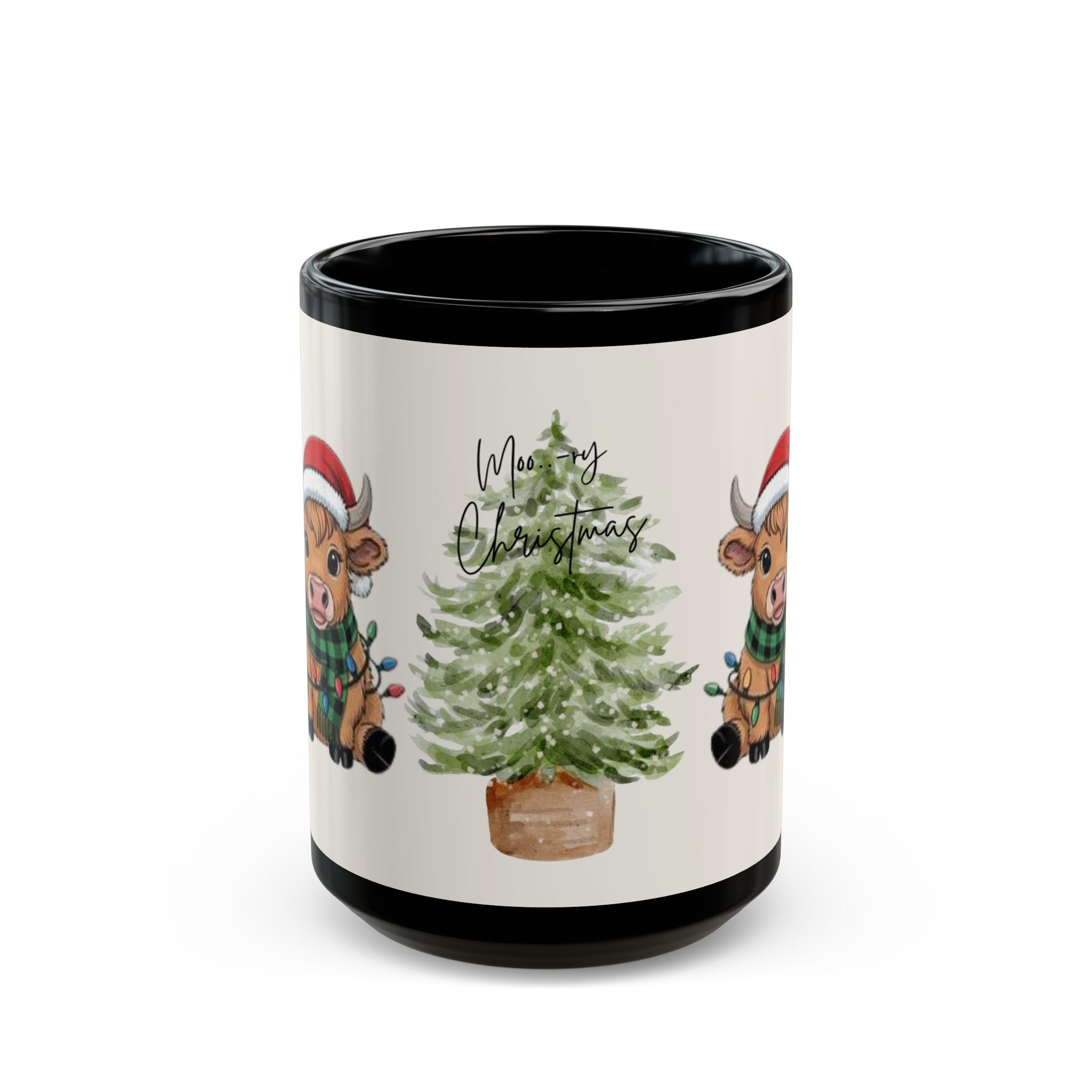 Christmas Cow Mug - Cute Holiday Tree & Santa Hat Accent Rim & Handle Coffee Cup (11oz/15oz)