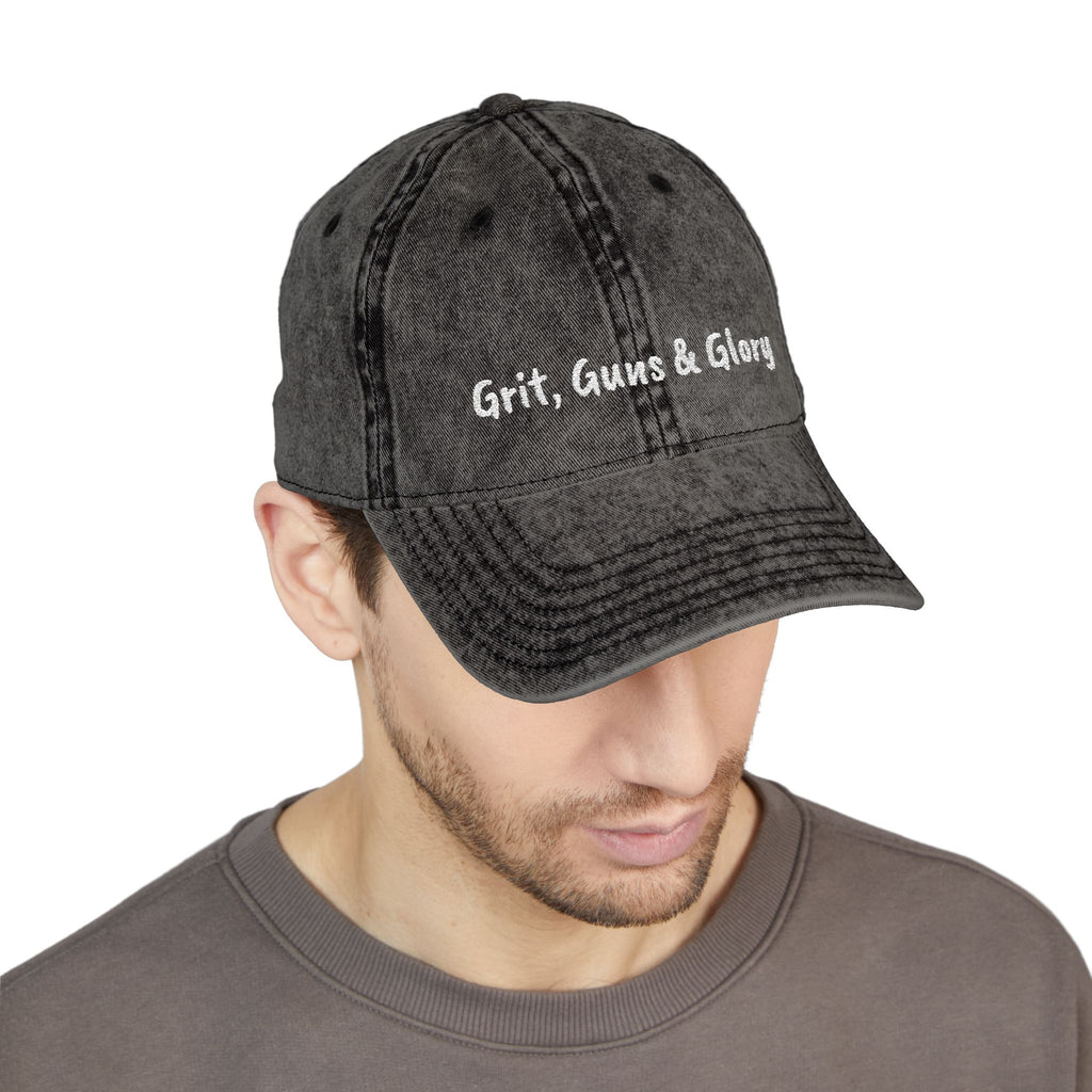 Vintage Embroidered Cap — "Grit, Guns & Glory" Distressed Baseball Hat