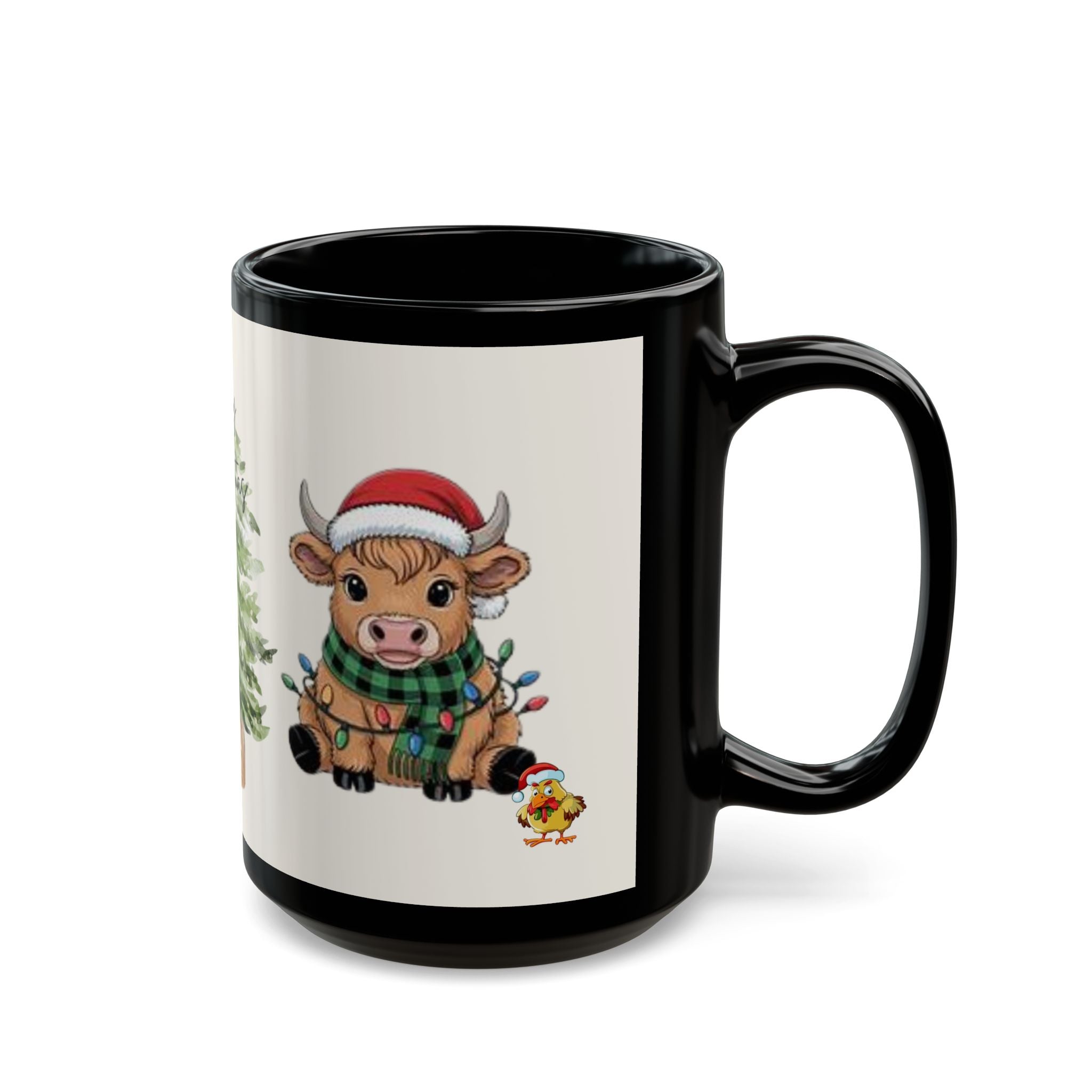 Christmas Cow Mug - Cute Holiday Tree & Santa Hat Accent Rim & Handle Coffee Cup (11oz/15oz)