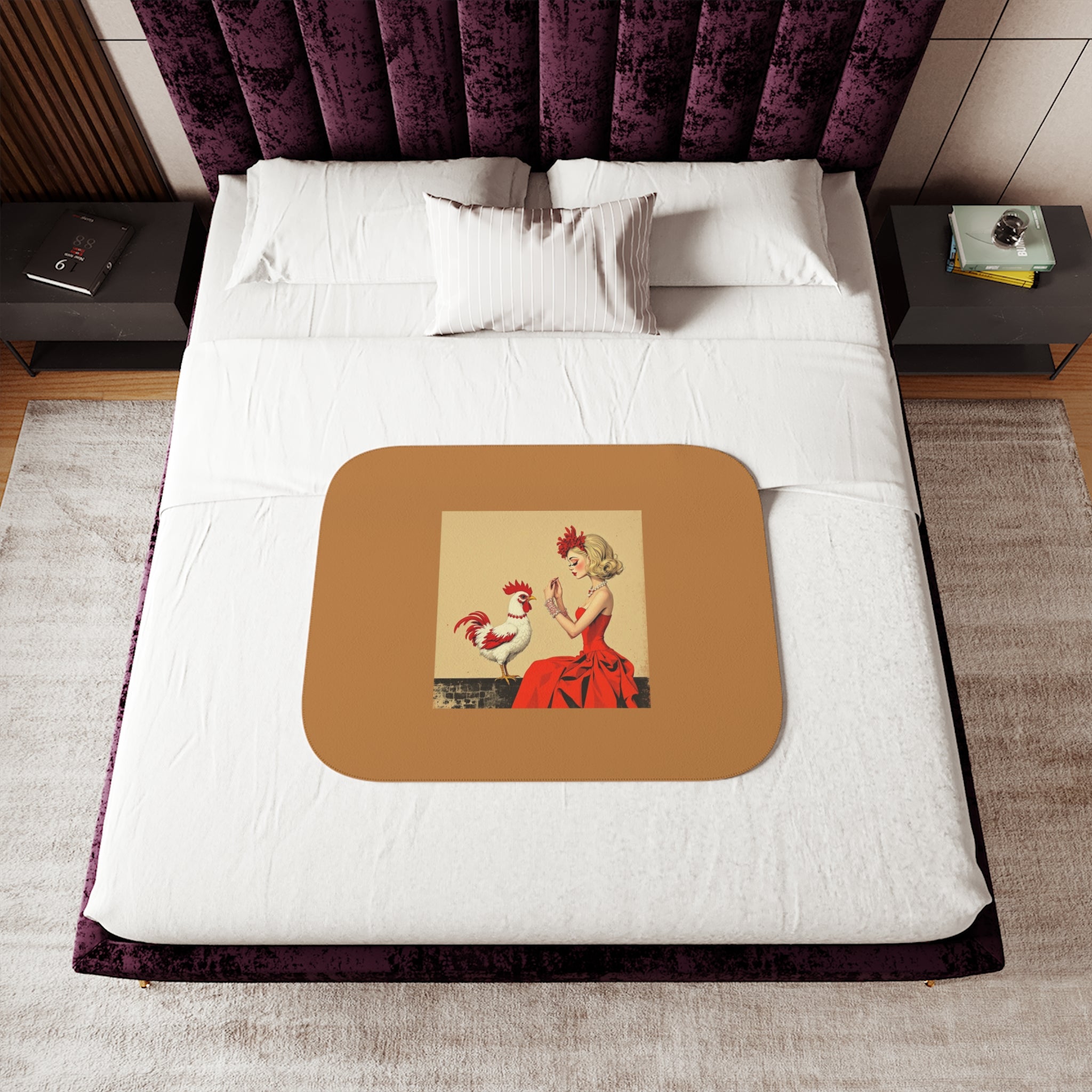 Vintage Pin-Up Rooster Sherpa Blanket — Cozy Two-Tone Throw