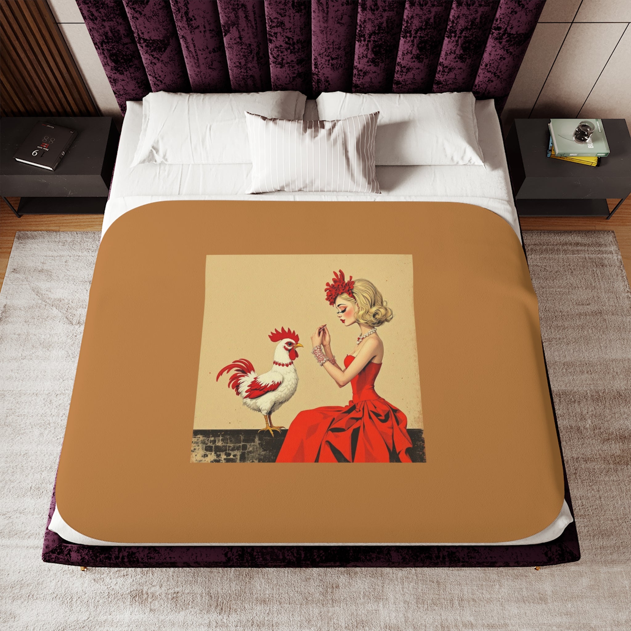 Vintage Pin-Up Rooster Sherpa Blanket — Cozy Two-Tone Throw