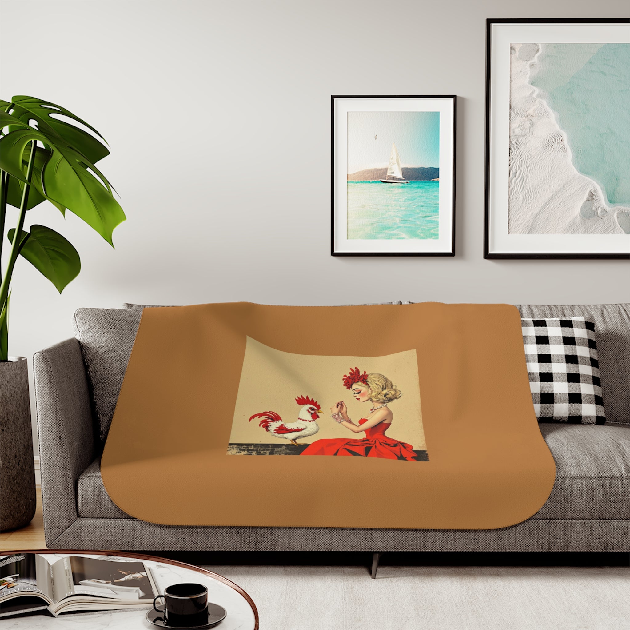 Vintage Pin-Up Rooster Sherpa Blanket — Cozy Two-Tone Throw