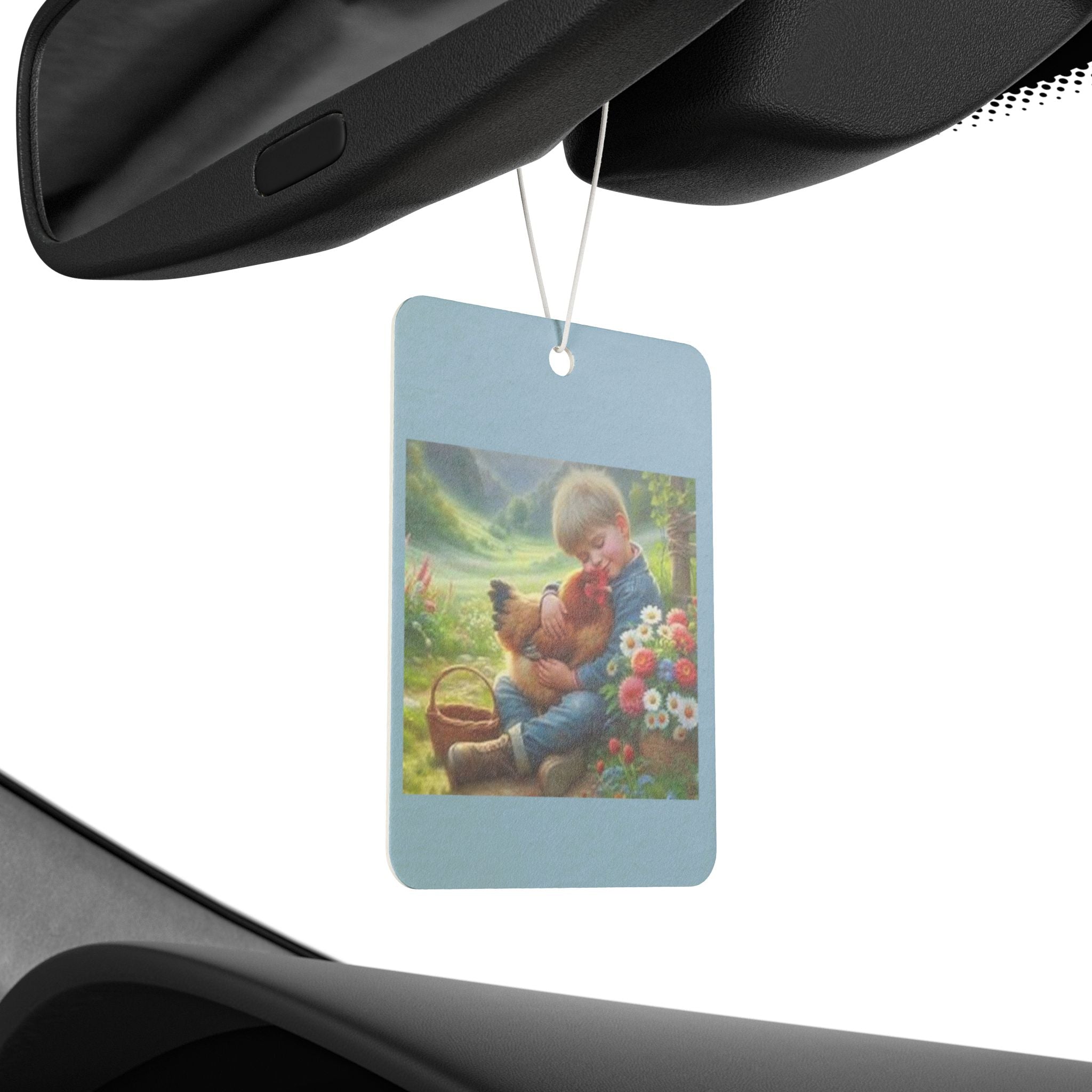 Boy and his chicken Car Air Freshener - Vintage Artwork