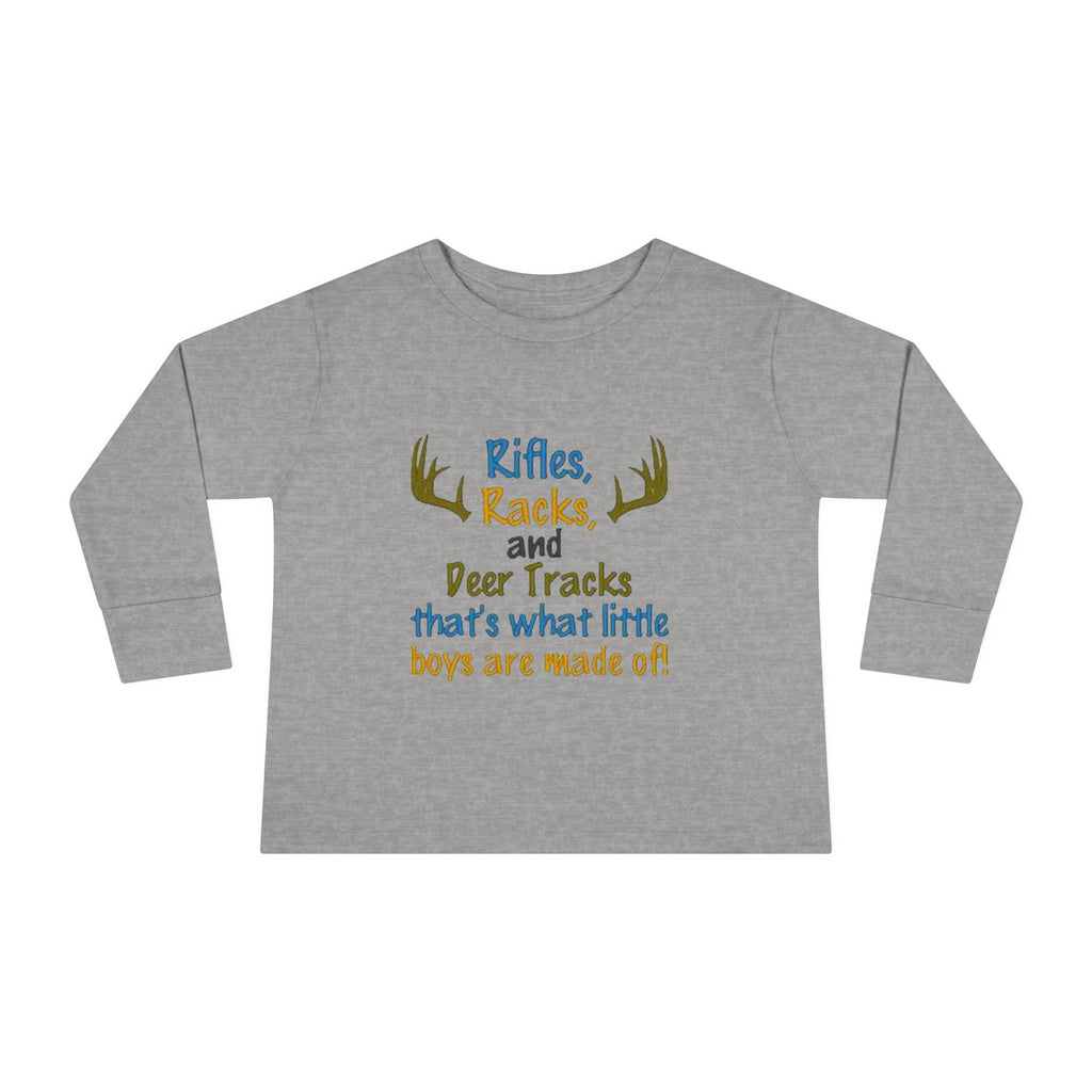 Toddler Long Sleeve Tee — "Rifles, Racks and Deer Tracks" Boys Hunting Shirt