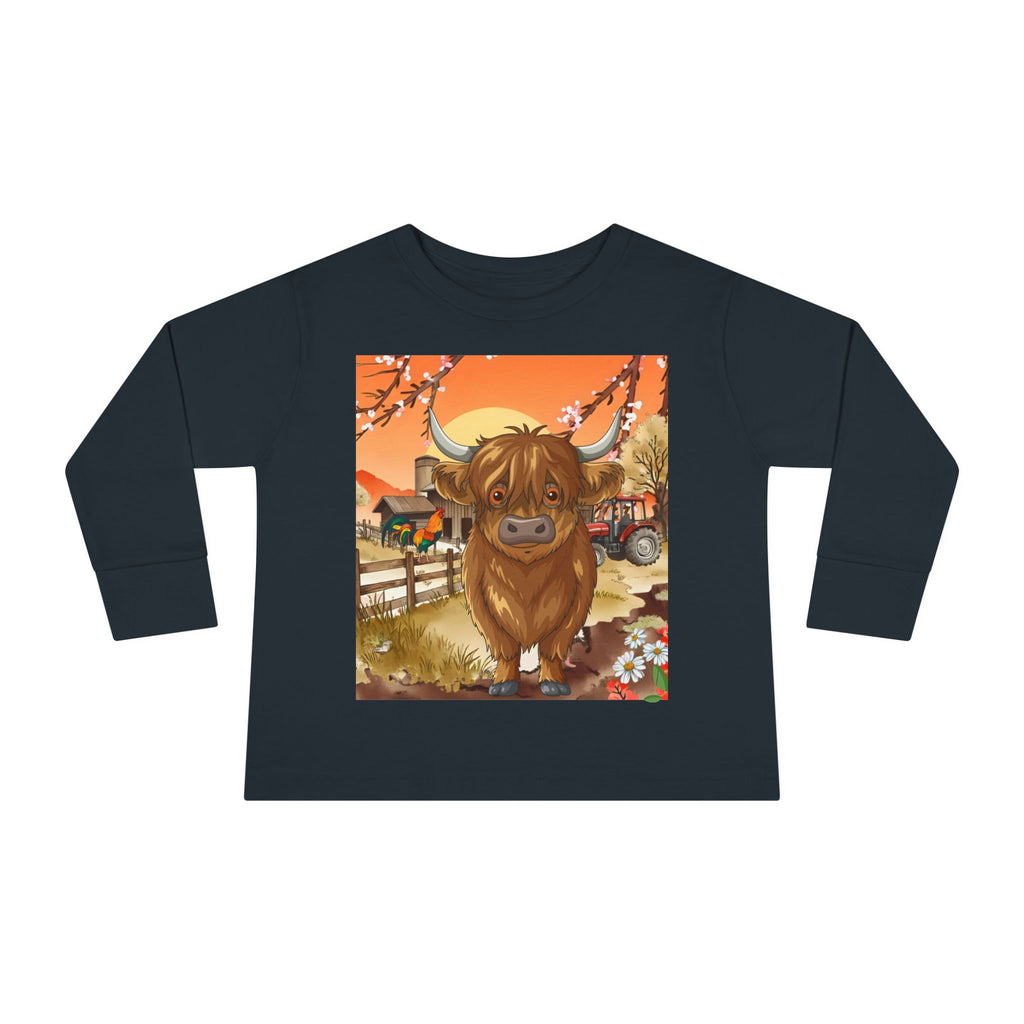 Highland Calf Toddler Long Sleeve Tee — Cute Farm Animal Kids Shirt