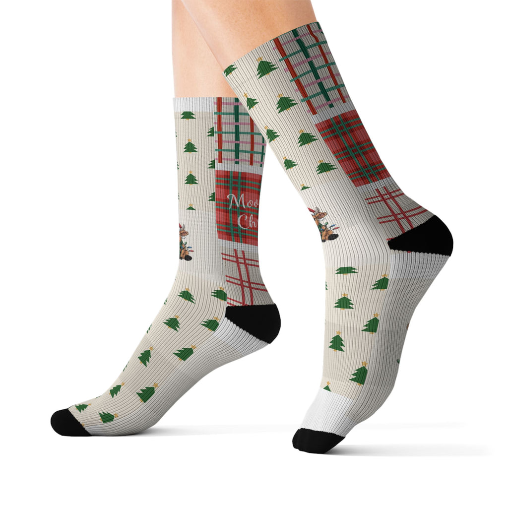 Christmas Cow Plaid Sublimation Socks — Merry Christmas Patterned Crew Socks