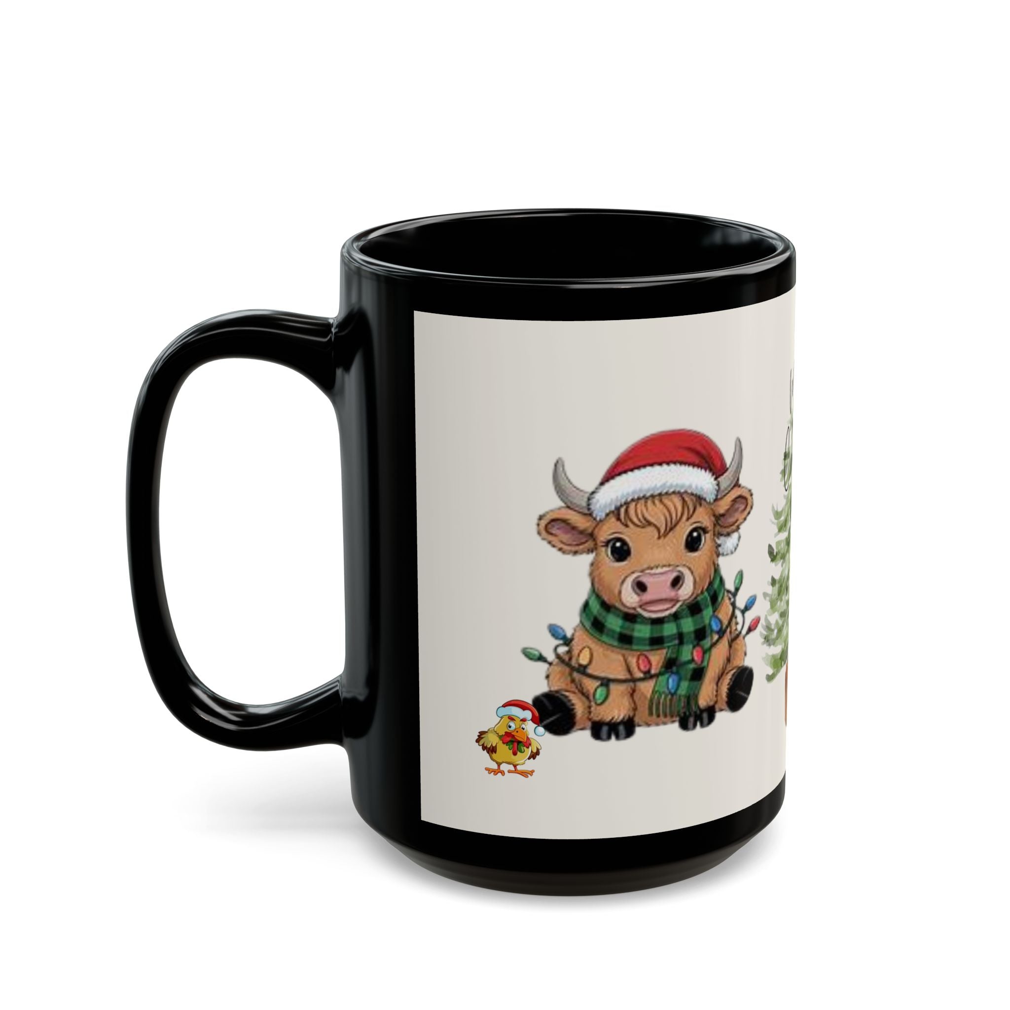 Christmas Cow Mug - Cute Holiday Tree & Santa Hat Accent Rim & Handle Coffee Cup (11oz/15oz)