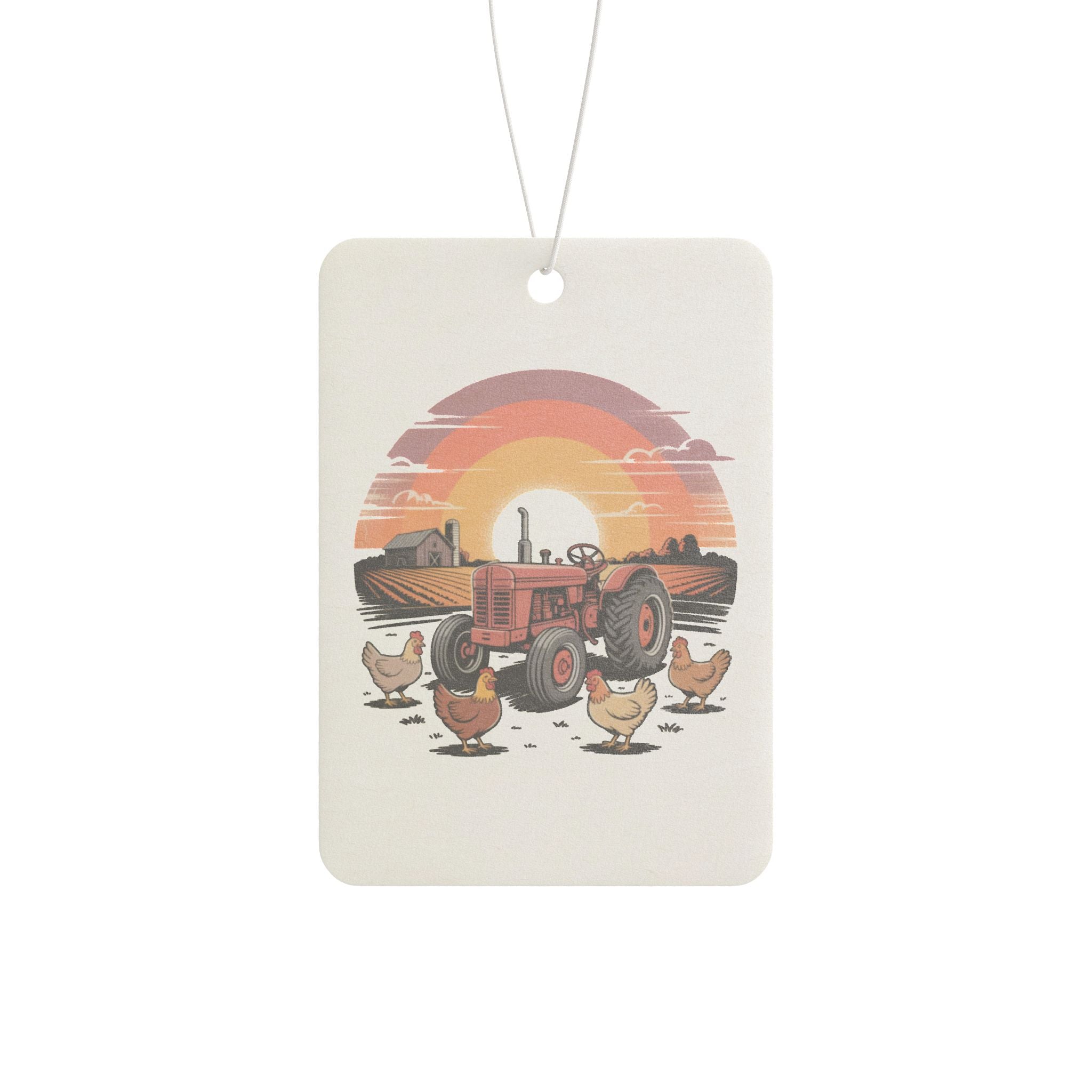 Vintage Farm Tractor Car Air Freshener — Retro Sunset & Chickens Scented Ornament