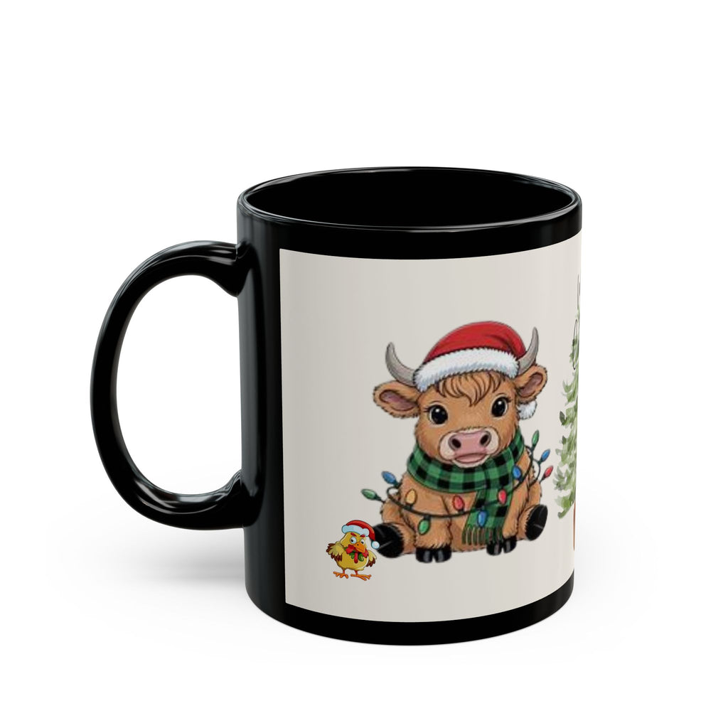 Christmas Cow Mug - Cute Holiday Tree & Santa Hat Accent Rim & Handle Coffee Cup (11oz/15oz)