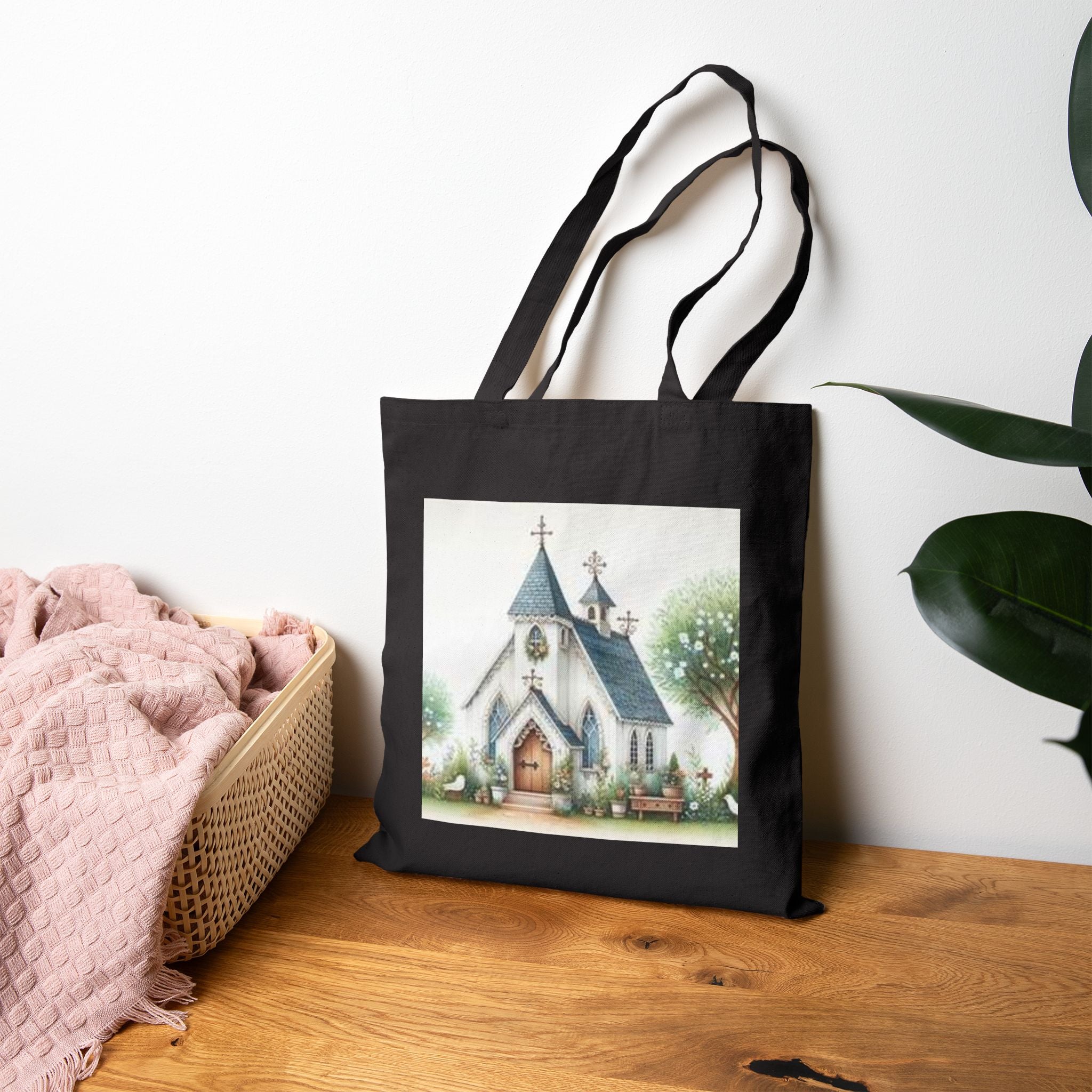 Church Illustration Tote Bag — Charming Vintage Chapel Canvas Tote