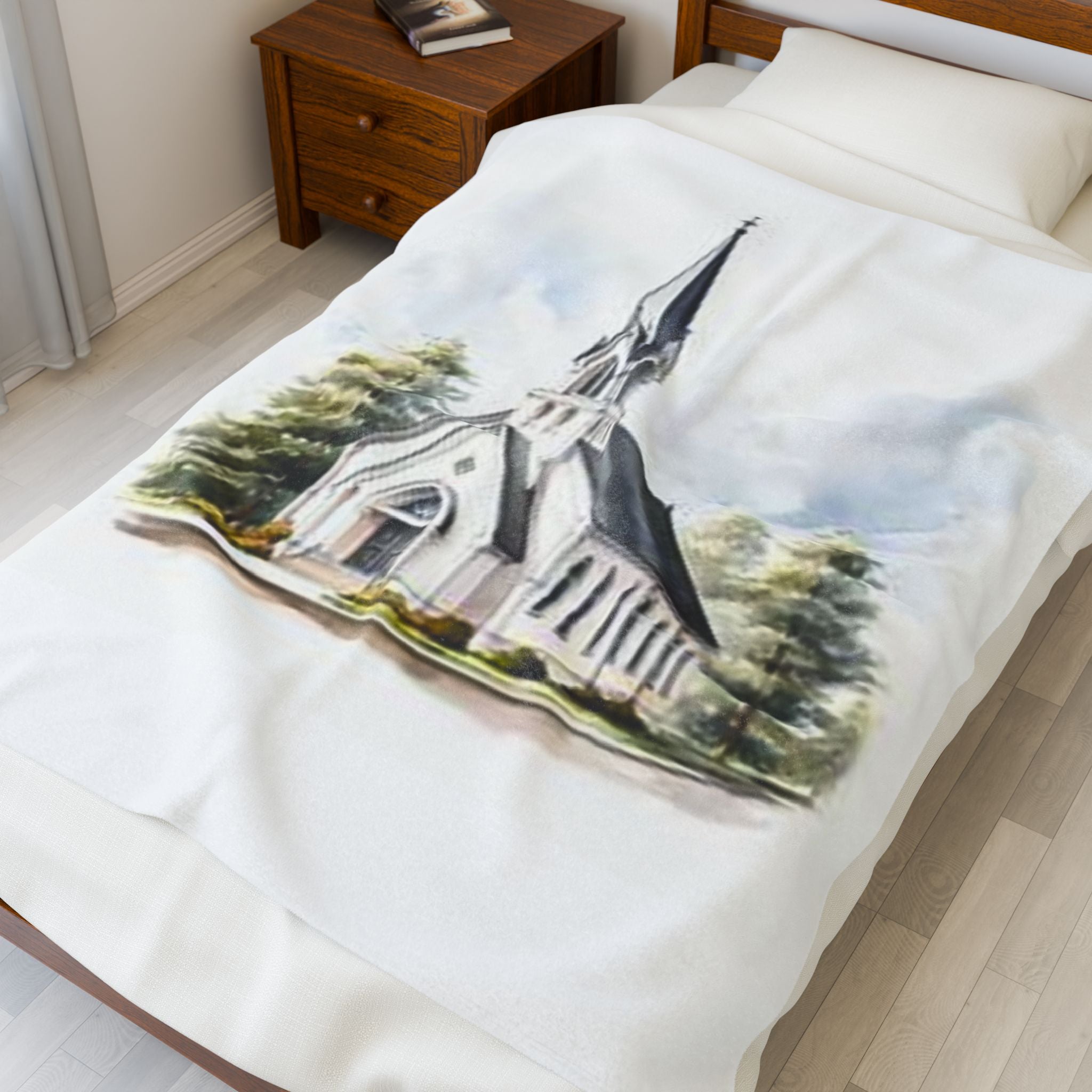 Peaceful Church Scene Velveteen Plush Blanket