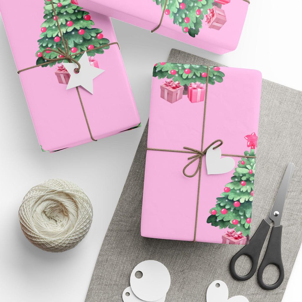 Charming Pink Holiday Tree Wrapping Paper