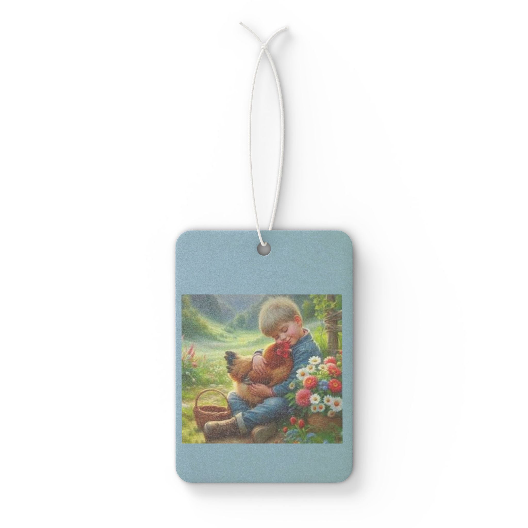 Boy and his chicken Car Air Freshener - Vintage Artwork