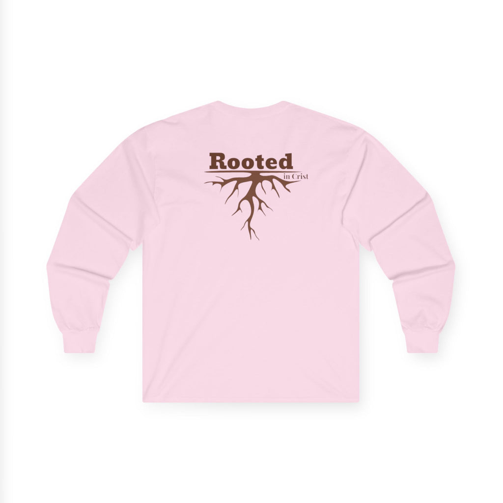 Rooted Faith Long Sleeve Tee — 'Rooted' Tree Roots Back Print with Cross Chest