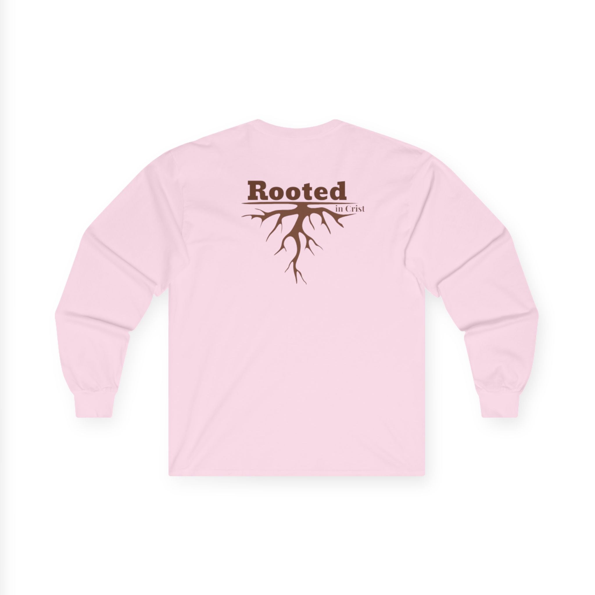 Rooted Faith Long Sleeve Tee — 'Rooted' Tree Roots Back Print with Cross Chest