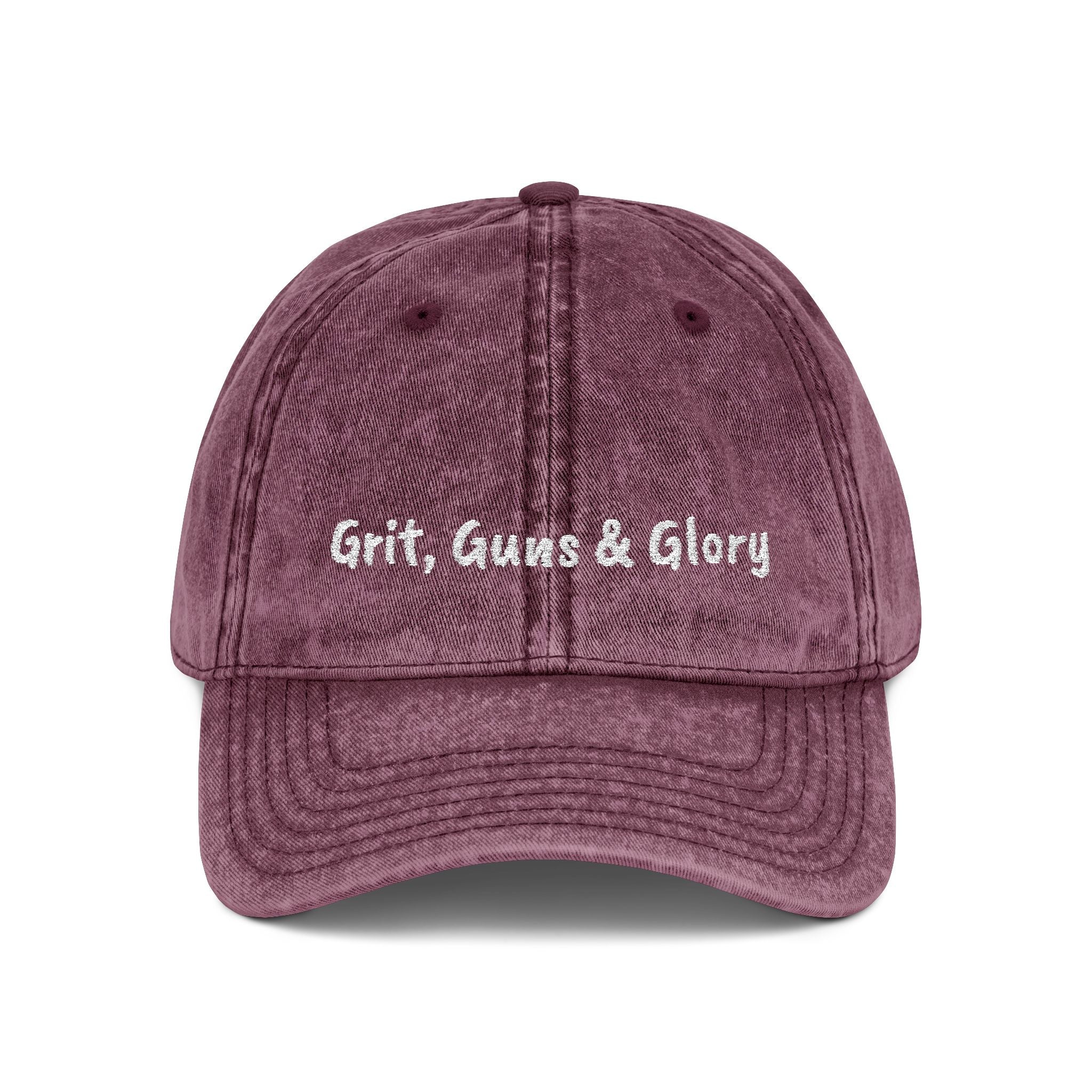Vintage Embroidered Cap — "Grit, Guns & Glory" Distressed Baseball Hat