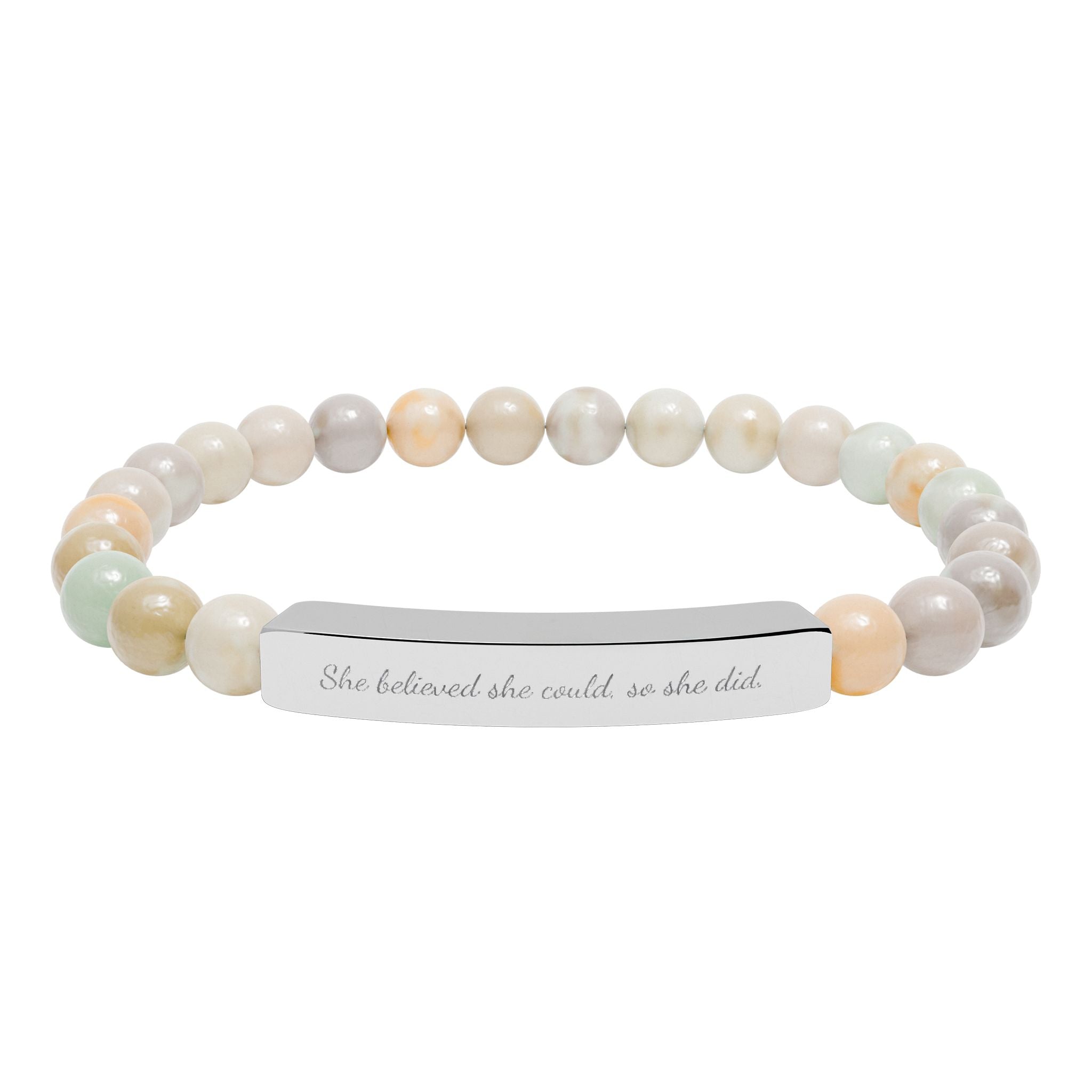 "She believed she could" Engraved Natural Stone Stretch Bar Bracelet, Meaningful Jewelry Gift