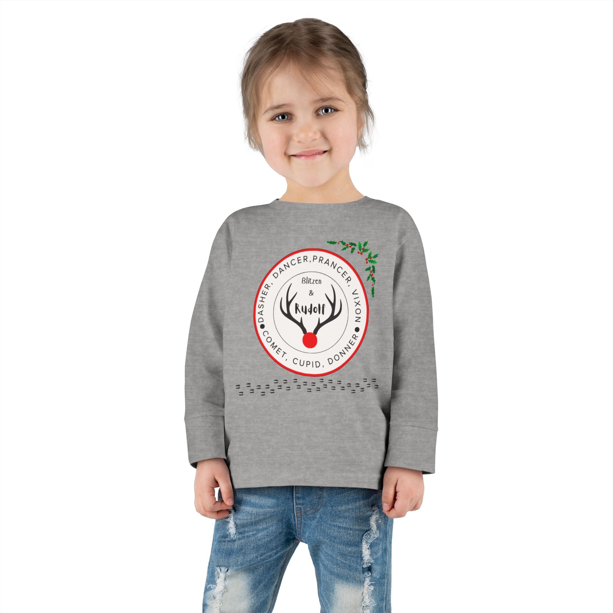 Toddler Long Sleeve Tee — "Santa's Reindeer" Personalized Christmas Tee (Rudolph, Dancer, Prancer Names)