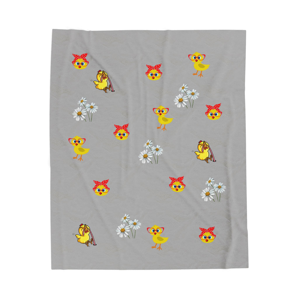 Cute Chick & Daisy Velveteen Plush Blanket — Soft Grey Nursery Throw
