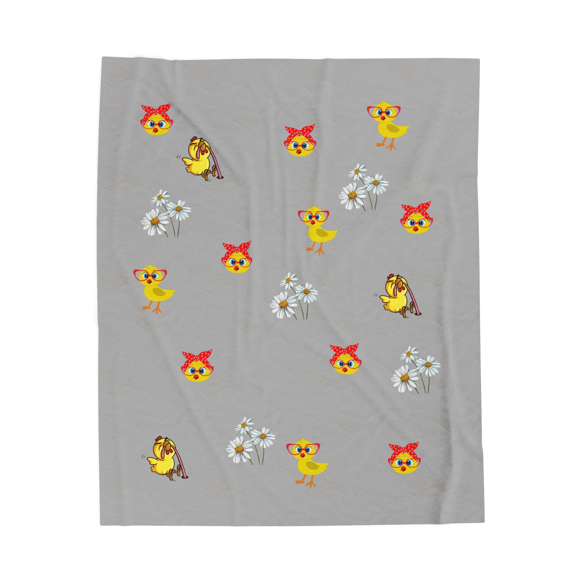 Cute Chick & Daisy Velveteen Plush Blanket — Soft Grey Nursery Throw