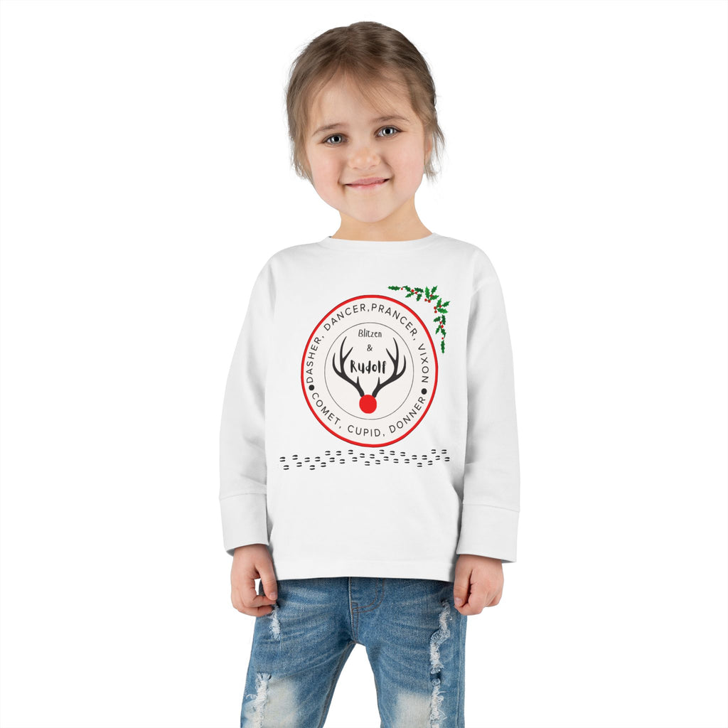 Toddler Long Sleeve Tee — "Santa's Reindeer" Personalized Christmas Tee (Rudolph, Dancer, Prancer Names)