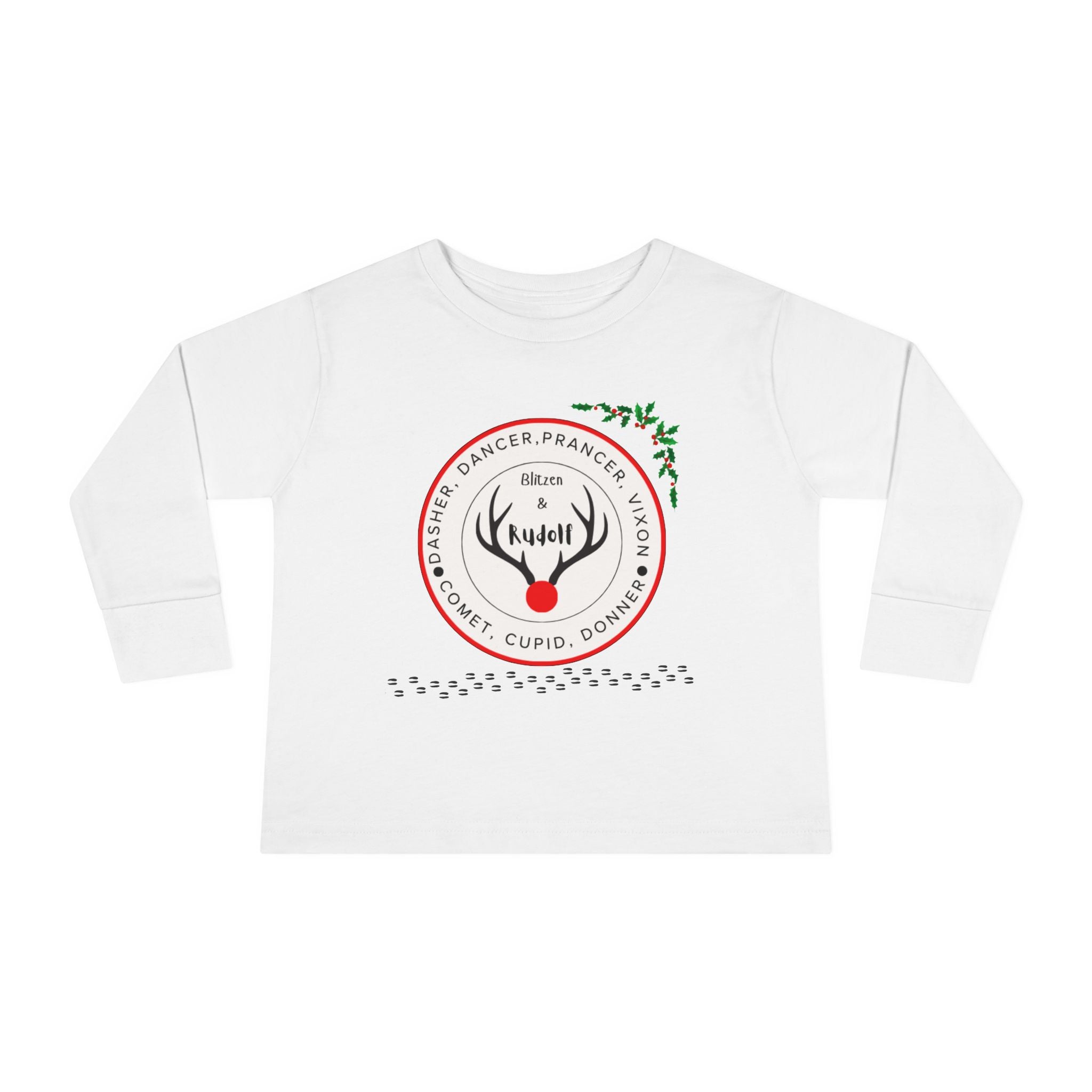 Toddler Long Sleeve Tee — "Santa's Reindeer" Personalized Christmas Tee (Rudolph, Dancer, Prancer Names)