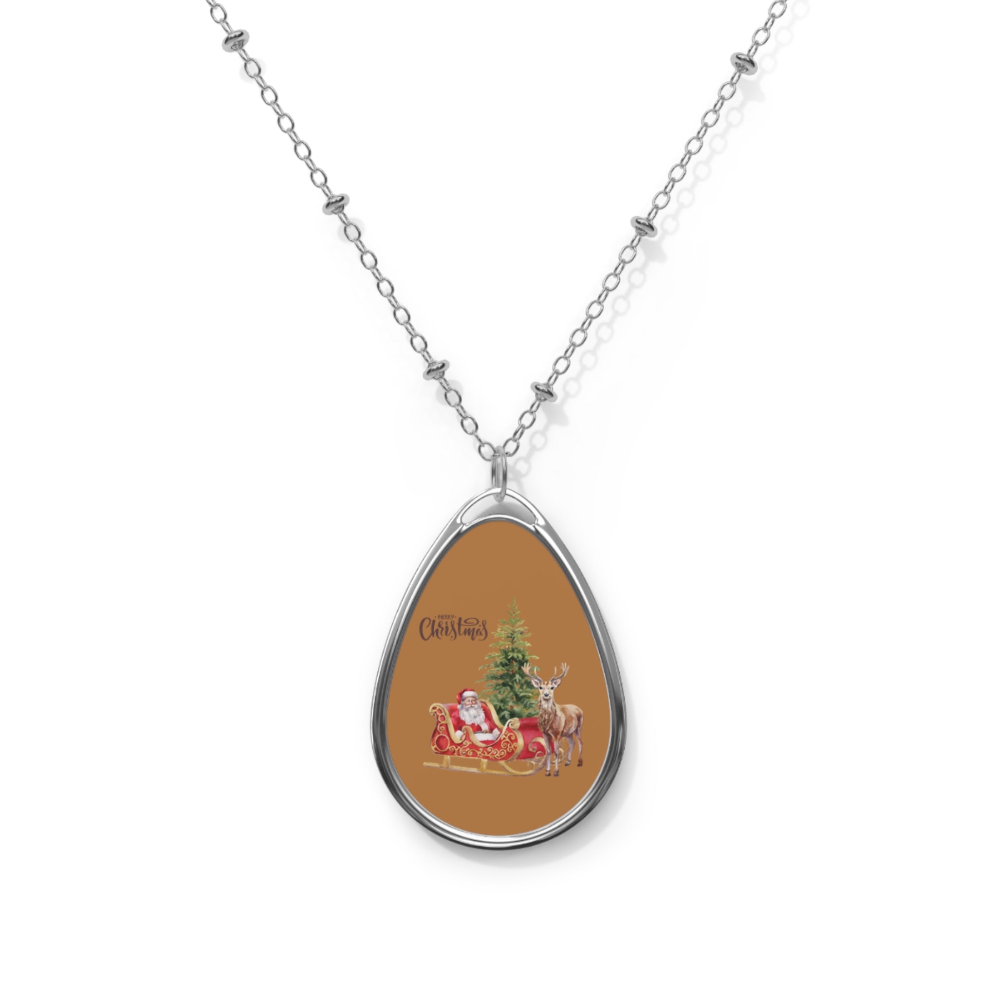Christmas Sleigh Oval Necklace, Holiday Jewelry, Festive Gift, Winter Accessories, Christmas Charm Pendant