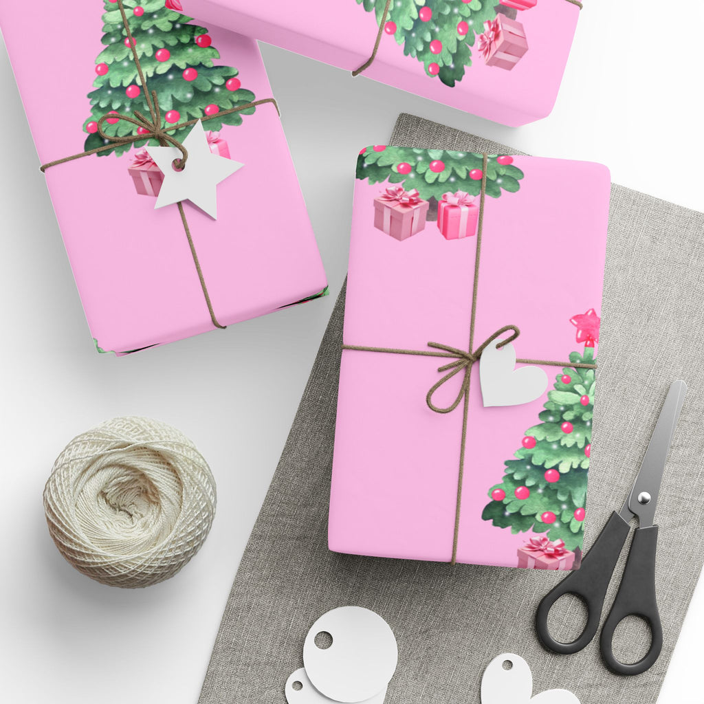 Charming Pink Holiday Tree Wrapping Paper