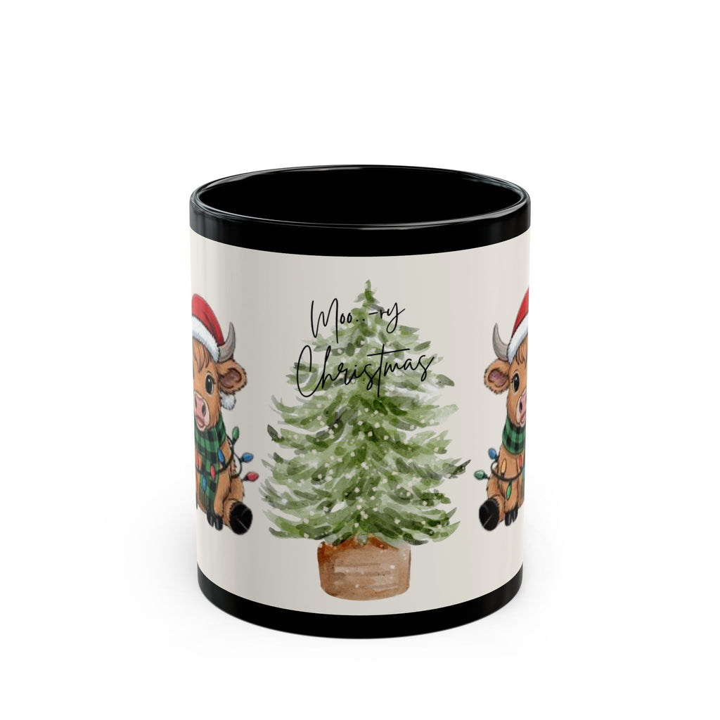 Christmas Cow Mug - Cute Holiday Tree & Santa Hat Accent Rim & Handle Coffee Cup (11oz/15oz)