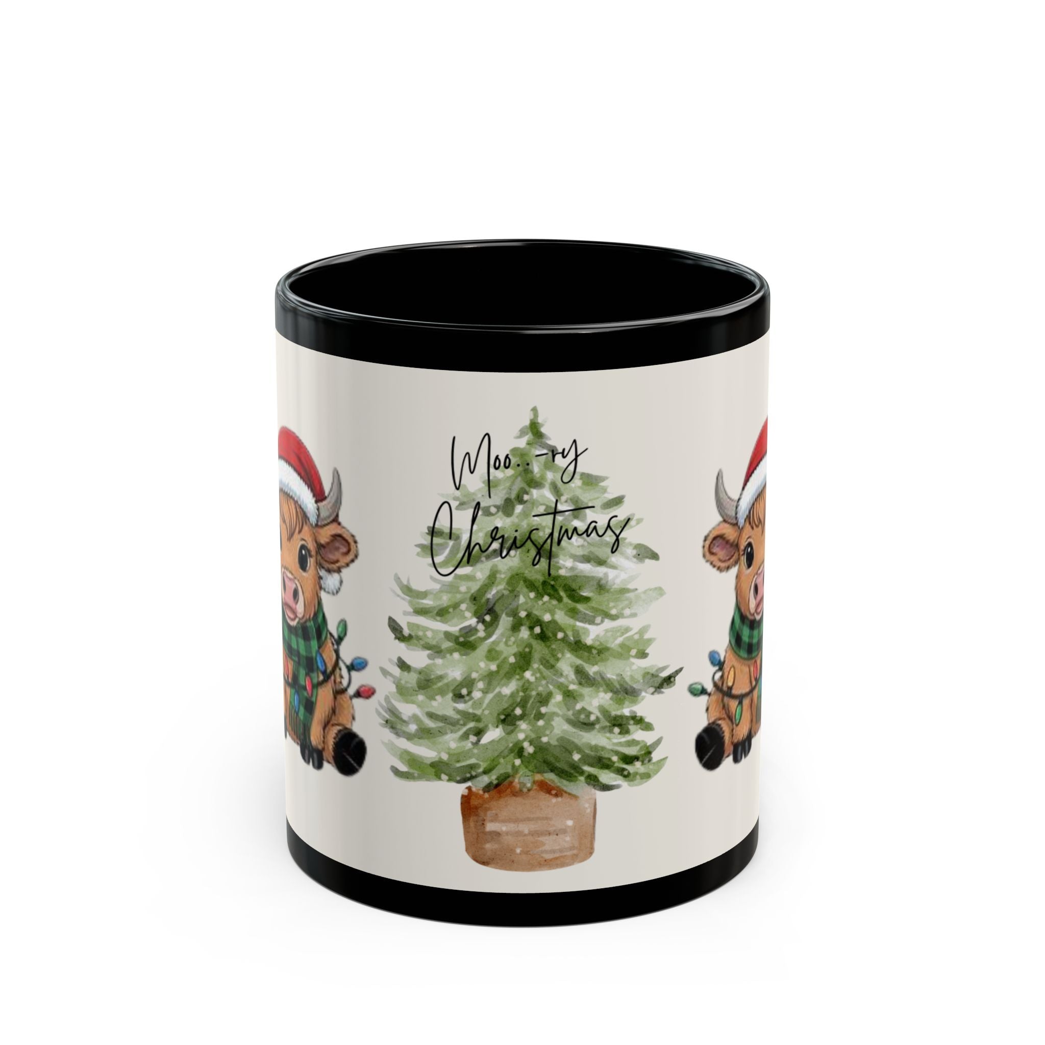 Christmas Cow Mug - Cute Holiday Tree & Santa Hat Accent Rim & Handle Coffee Cup (11oz/15oz)
