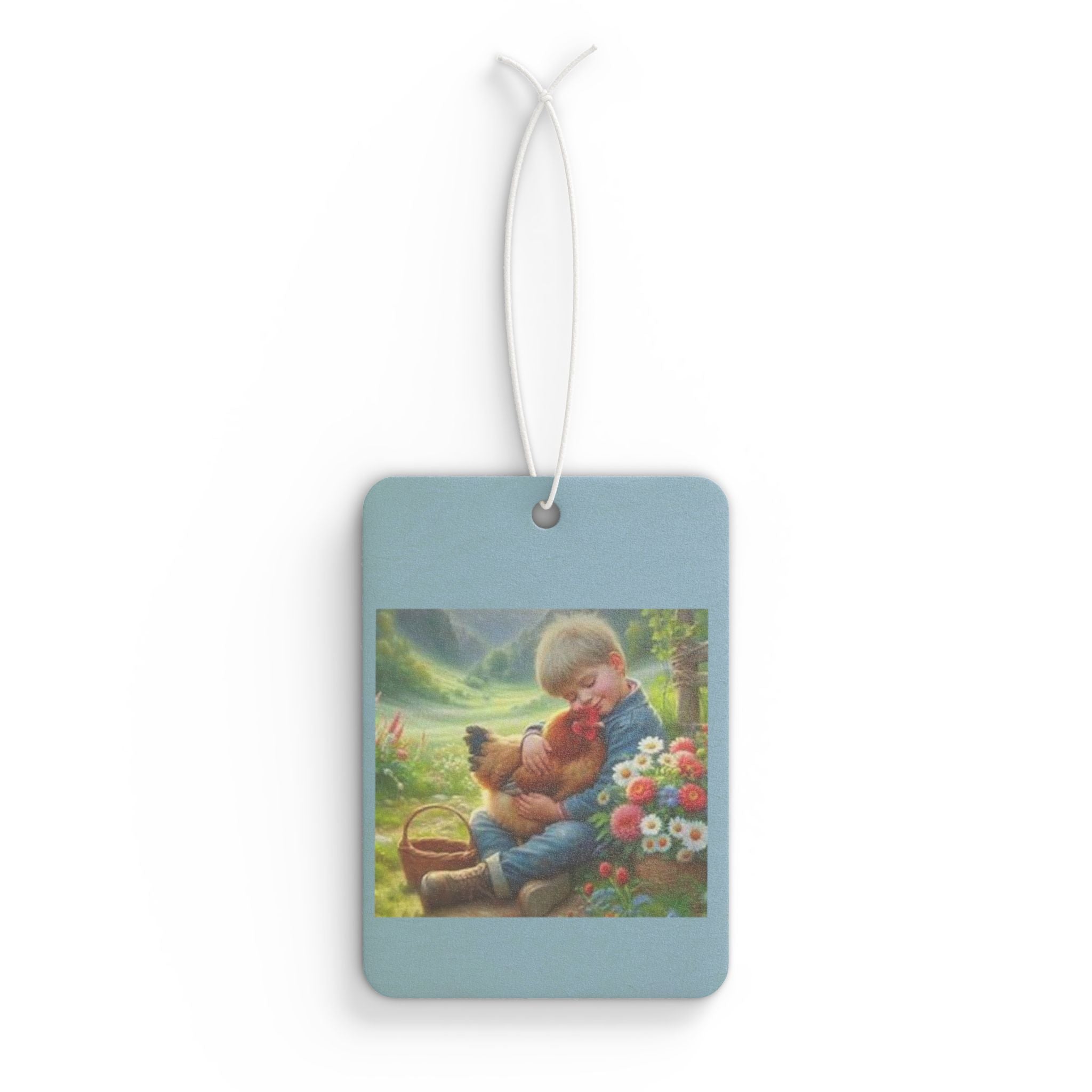 Boy and his chicken Car Air Freshener - Vintage Artwork