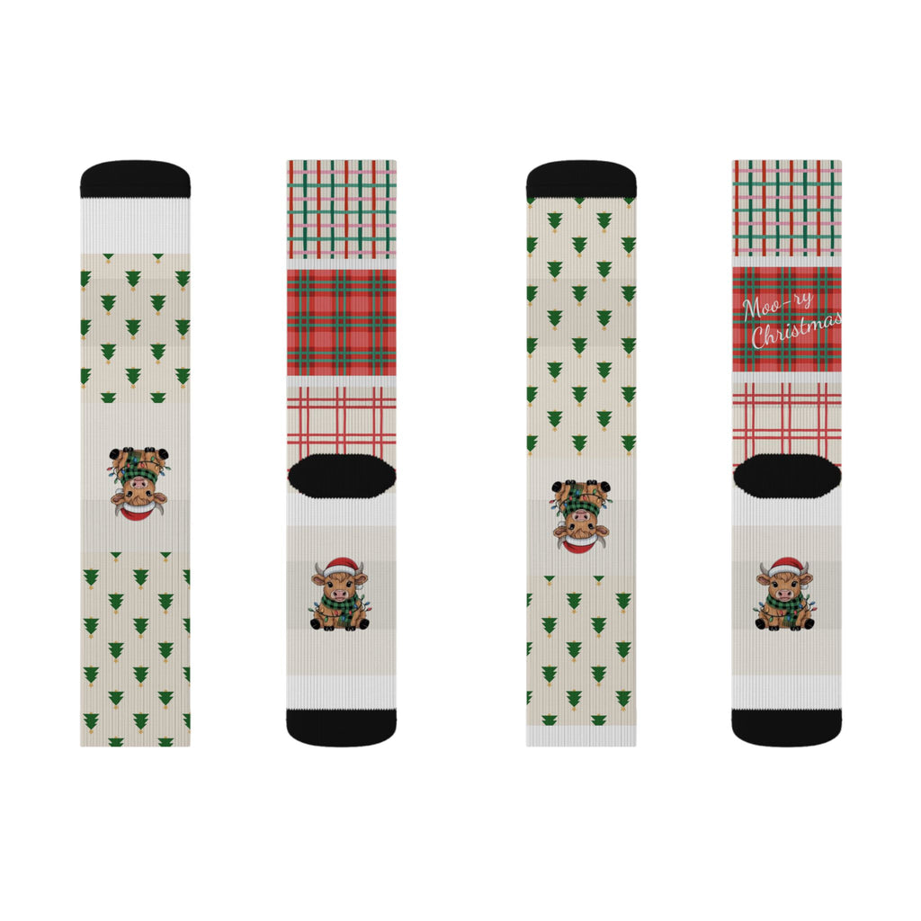 Christmas Cow Plaid Sublimation Socks — Merry Christmas Patterned Crew Socks
