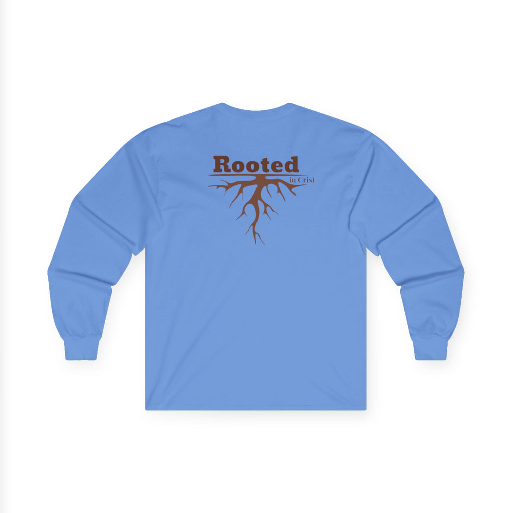 Rooted Faith Long Sleeve Tee — 'Rooted' Tree Roots Back Print with Cross Chest