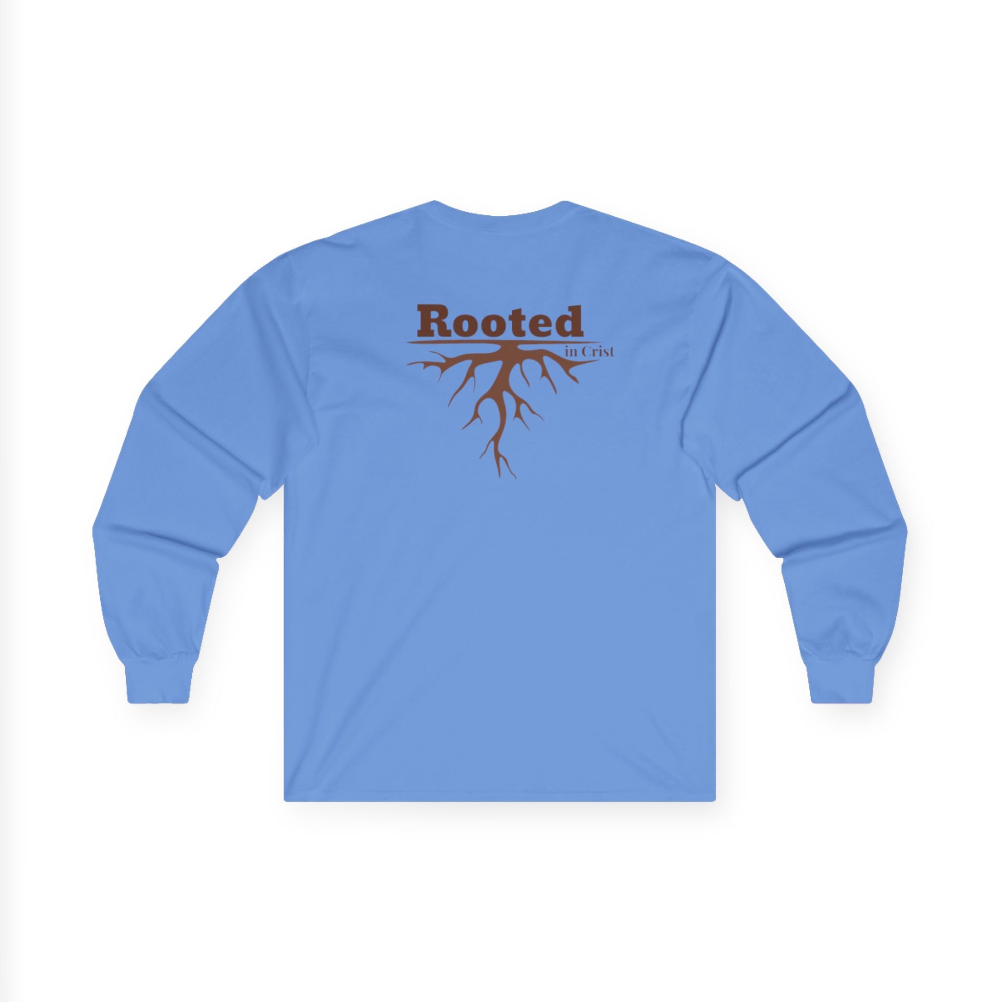 Rooted Faith Long Sleeve Tee — 'Rooted' Tree Roots Back Print with Cross Chest