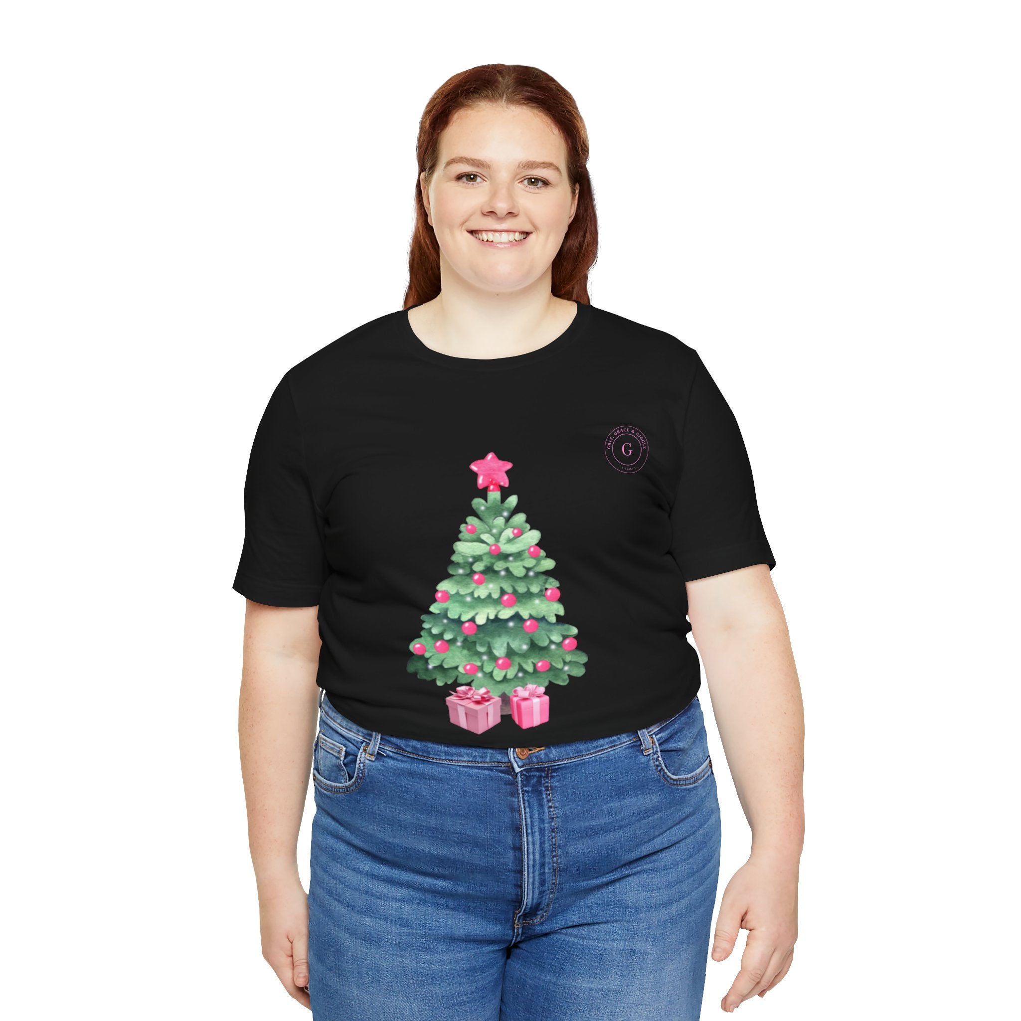 Christmas Tree Tee -  Pink & Green Holiday T-Shirt with Presents
