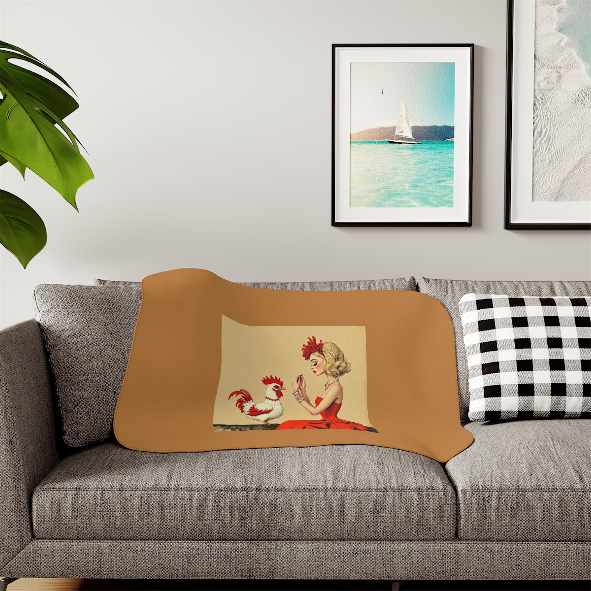 Vintage Pin-Up Rooster Sherpa Blanket — Cozy Two-Tone Throw